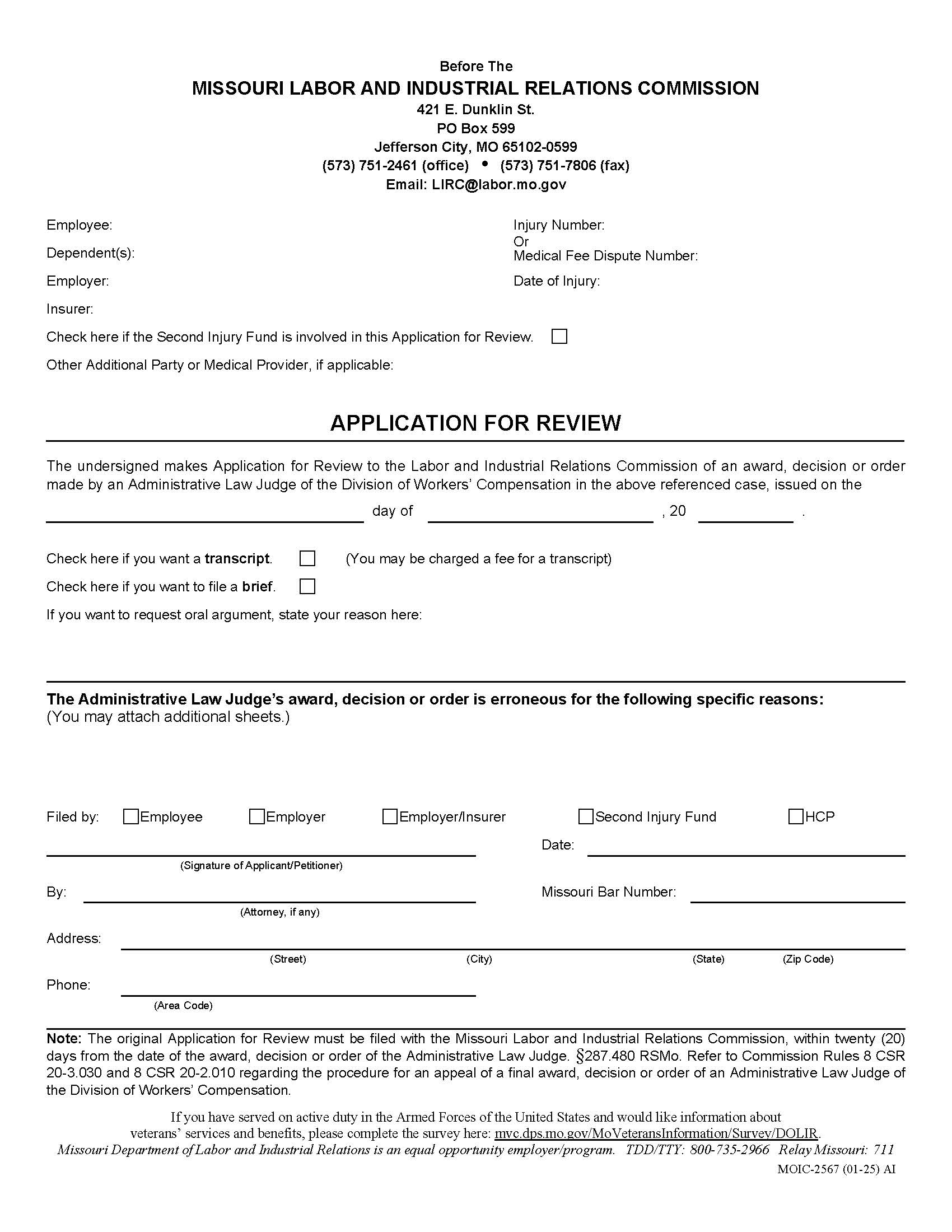 Application For Review {MOIC-2567} | Pdf Fpdf Doc Docx | Missouri