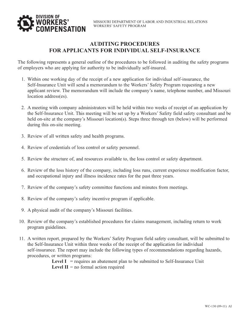 Auditing Procedures For Applicants For Individual Self Insurance {WC-130} | Pdf Fpdf Doc Docx | Missouri