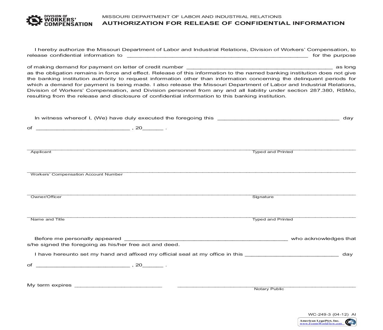 Authorization For Release Of Confidential Information {WC-249-3} | Pdf Fpdf Doc Docx | Missouri