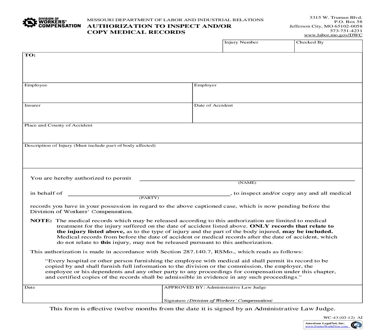 Authorization To Inspect And Or Copy Medical Records {WC-43} | Pdf Fpdf Doc Docx | Missouri