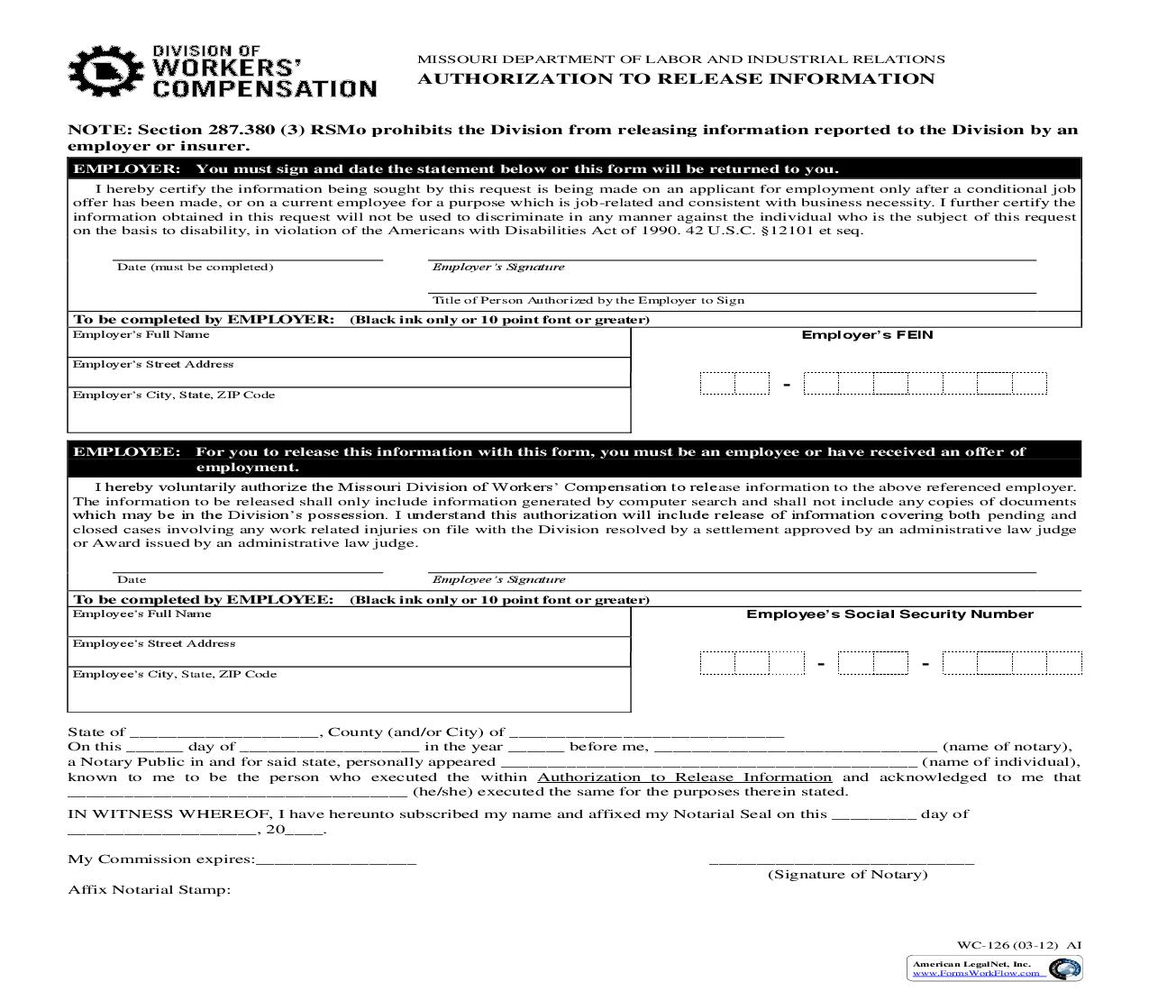 Authorization To Release Information {WC-126} | Pdf Fpdf Doc Docx | Missouri