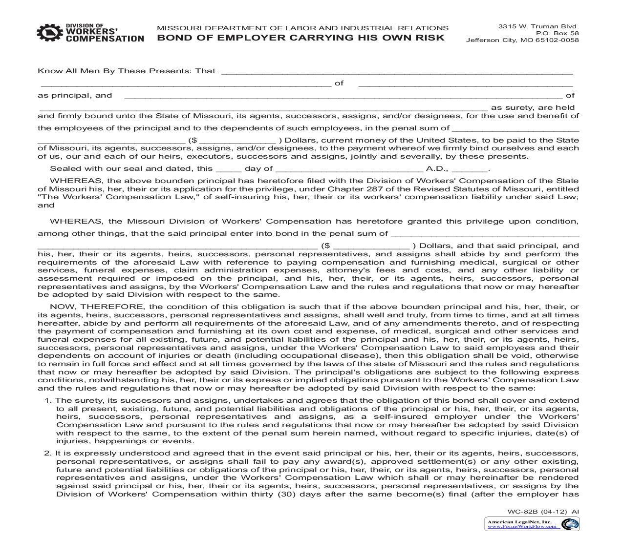 Bond Of Employer Carrying His Own Risk {WC-82B} | Pdf Fpdf Doc Docx | Missouri