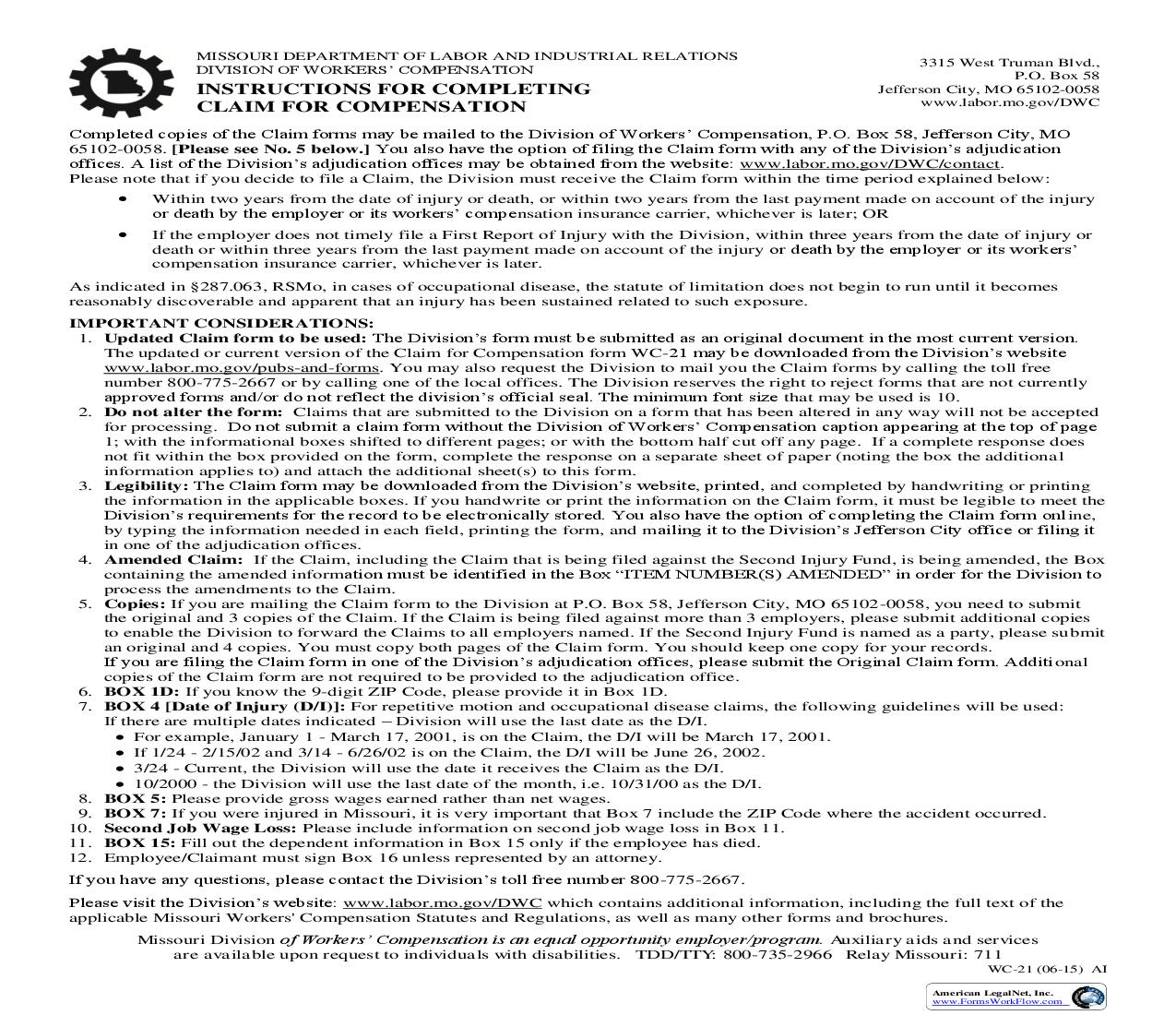 Claim For Compensation {WC-21} | Pdf Fpdf Doc Docx | Missouri