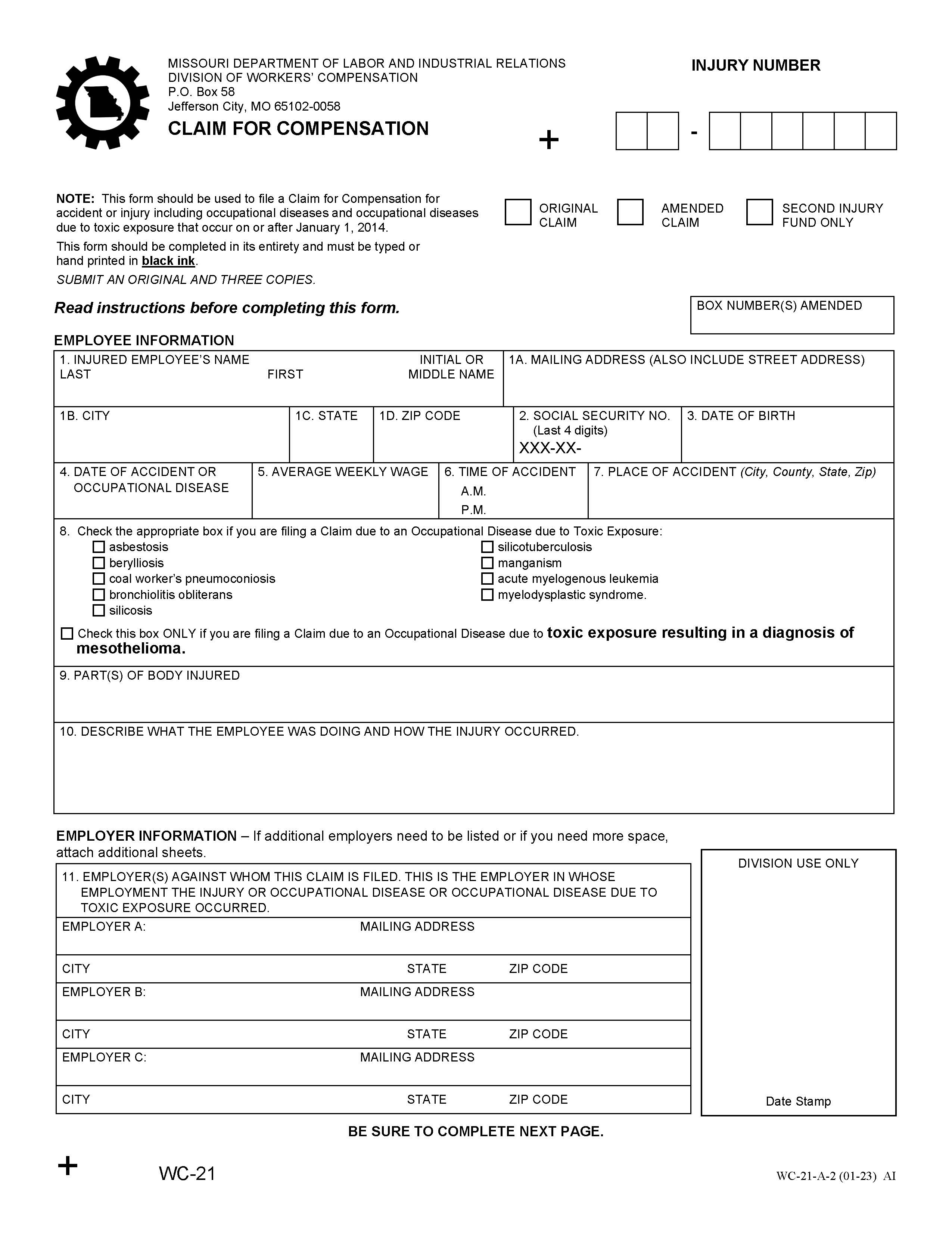 Claim For Compensation After 12-31-13 {WC-21-A} | Pdf Fpdf Doc Docx | Missouri