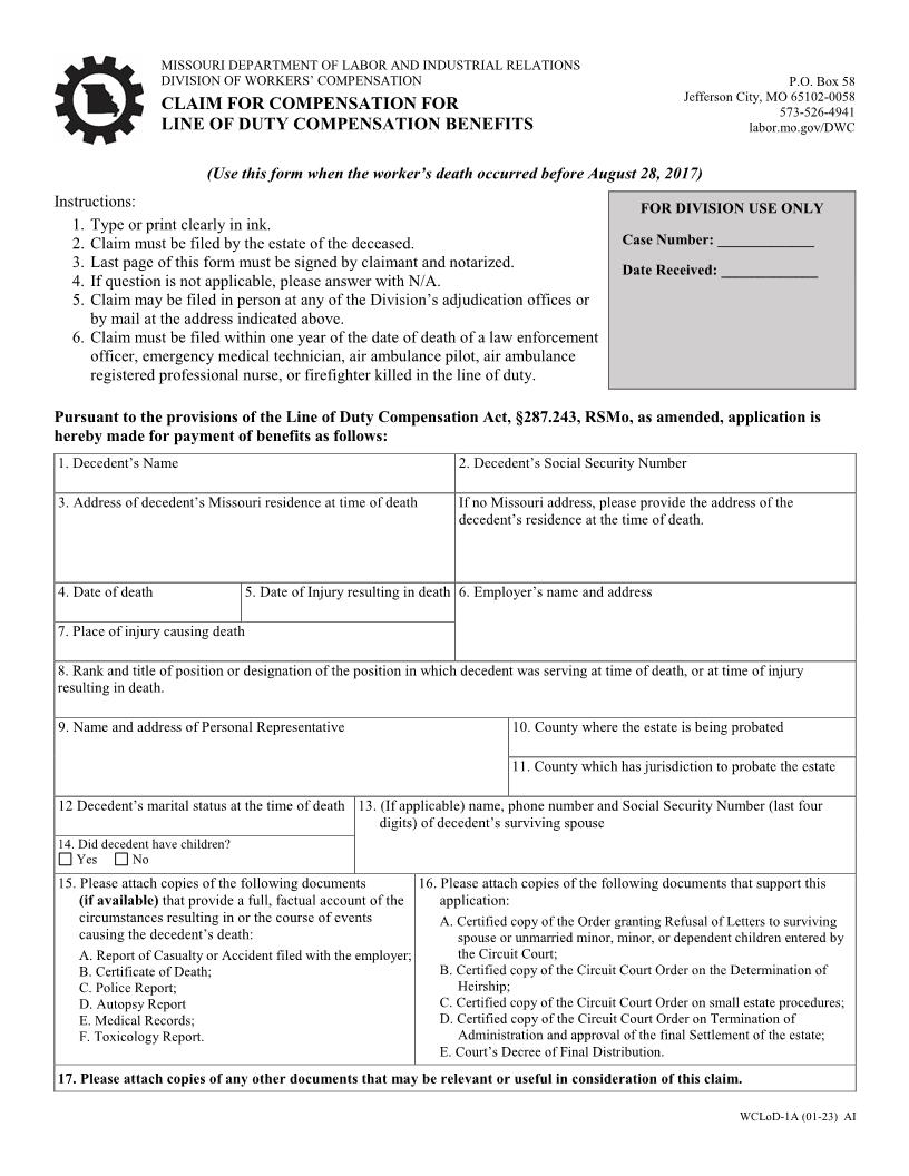 Claim For Compensation For Line Of Duty Compensation Benefits {WCLoD-1A} | Pdf Fpdf Docx | Missouri