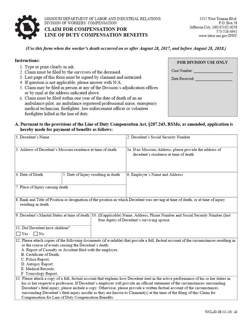 Claim For Compensation For Line Of Duty Compensation Benefits {WCLoD-1B} | Pdf Fpdf Docx | Missouri