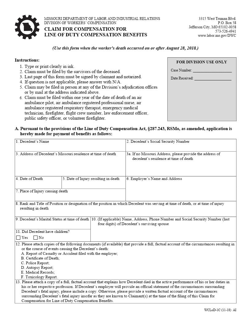 Claim For Compensation For Line Of Duty Compensation Benefits {WCLoD-1C} | Pdf Fpdf Docx | Missouri