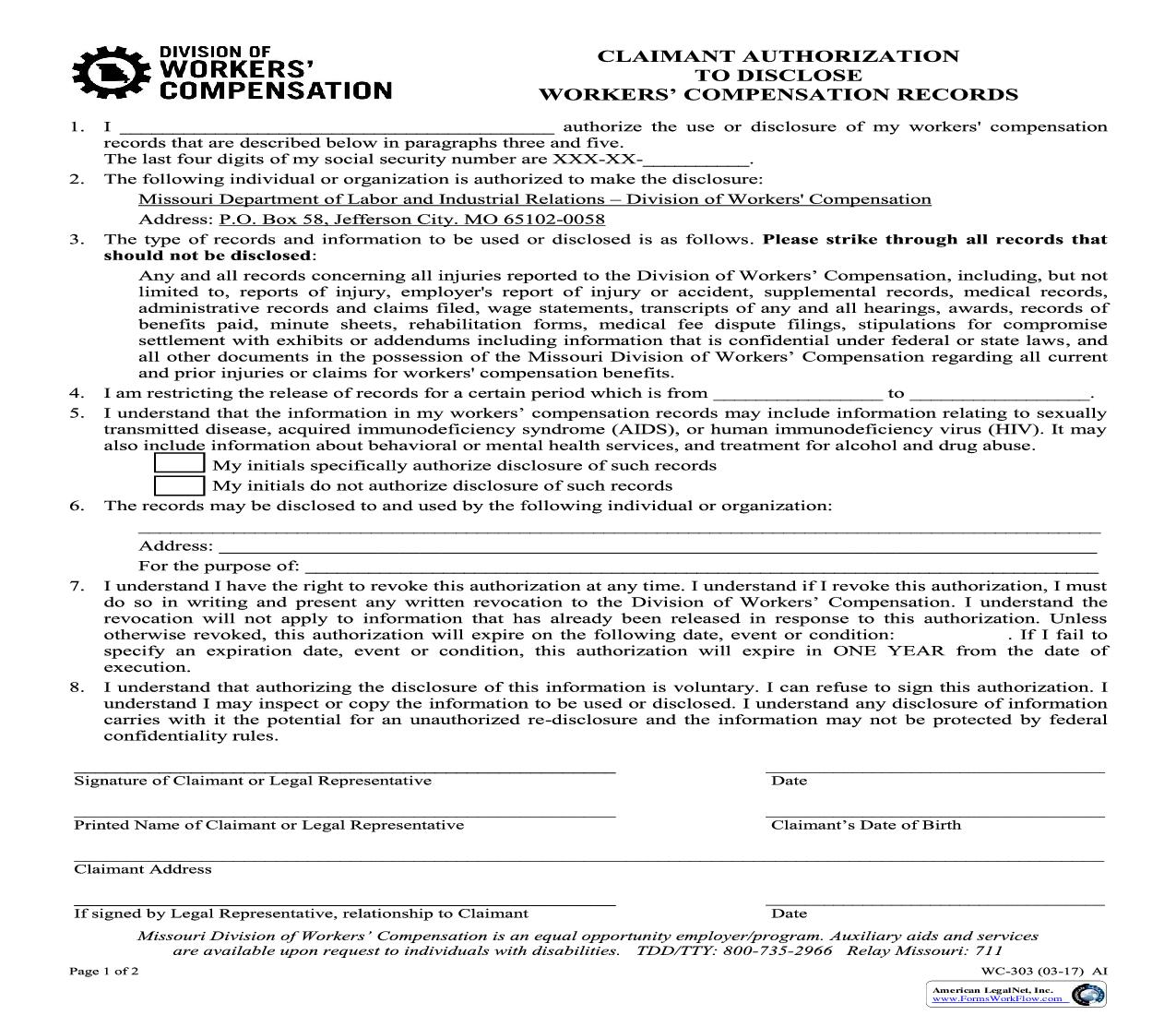 Claimant Authorization To Disclose Workers Compensation Records {WC-303} | Pdf Fpdf Docx | Missouri