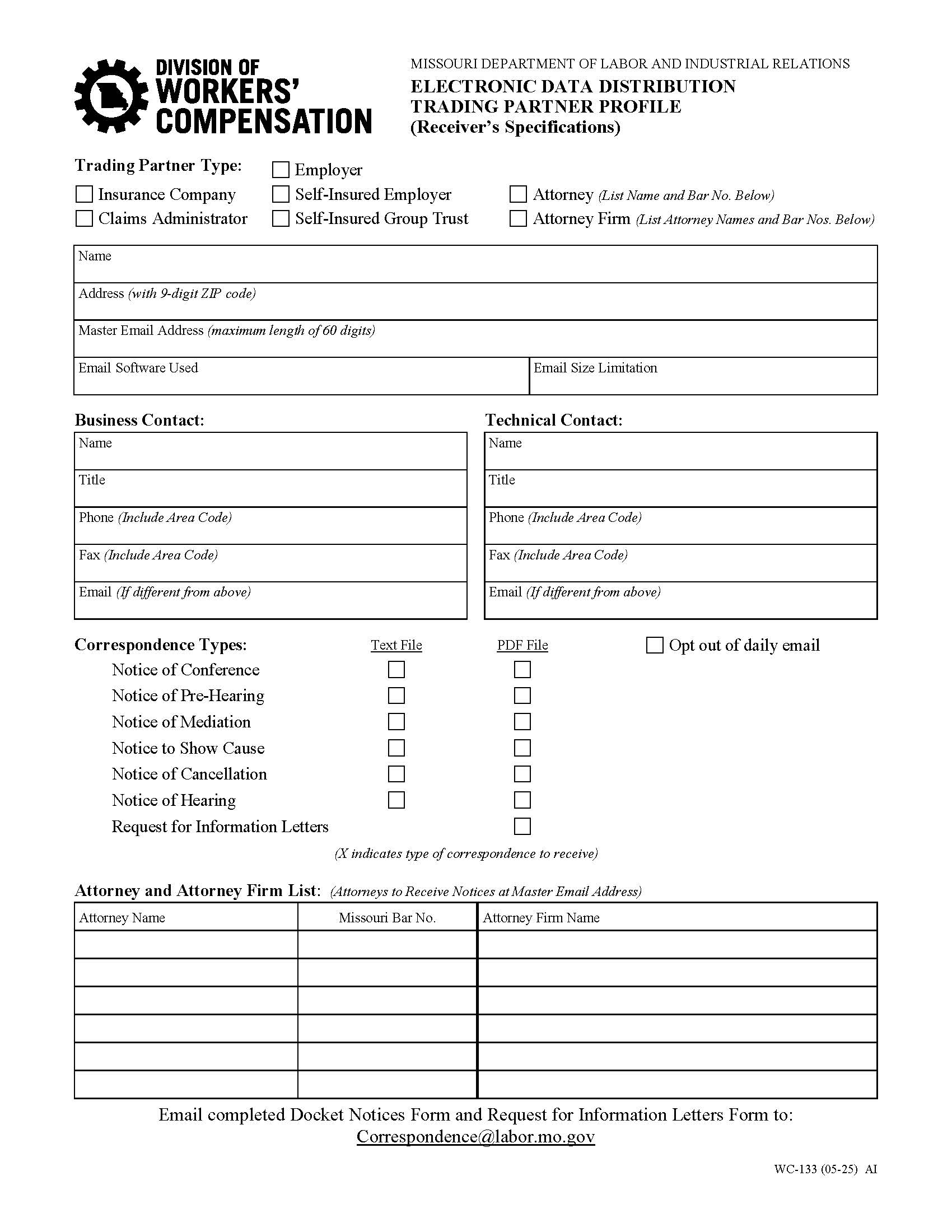 Electronic Data Distribution Trading Partner Profile {WC-133} | Pdf Fpdf Doc Docx | Missouri