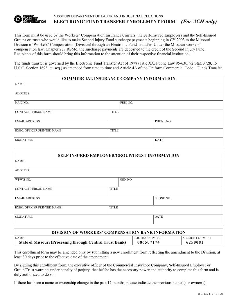 Electronic Fund Transfer Enrollment Form (ACH Only) {WC-132} | Pdf Fpdf Doc Docx | Missouri
