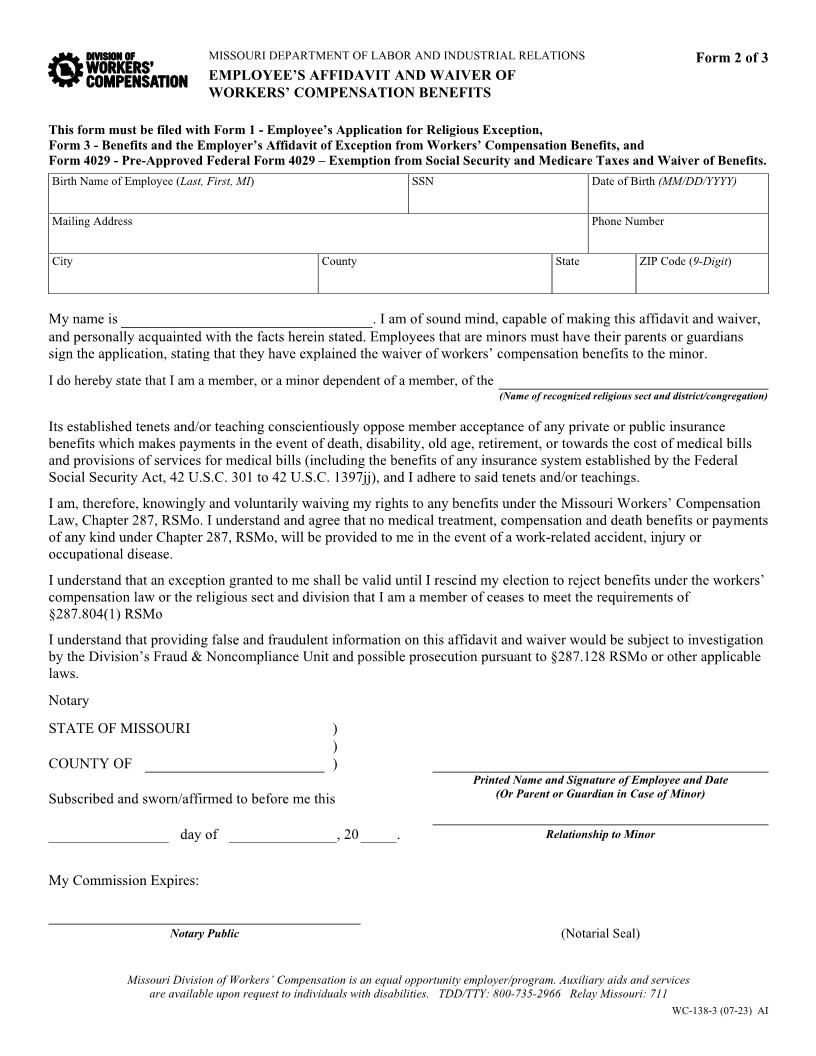 Employees Affidavit And Waiver Of Workers Compensation Benefits {WC-138-3} | Pdf Fpdf Doc Docx | Missouri