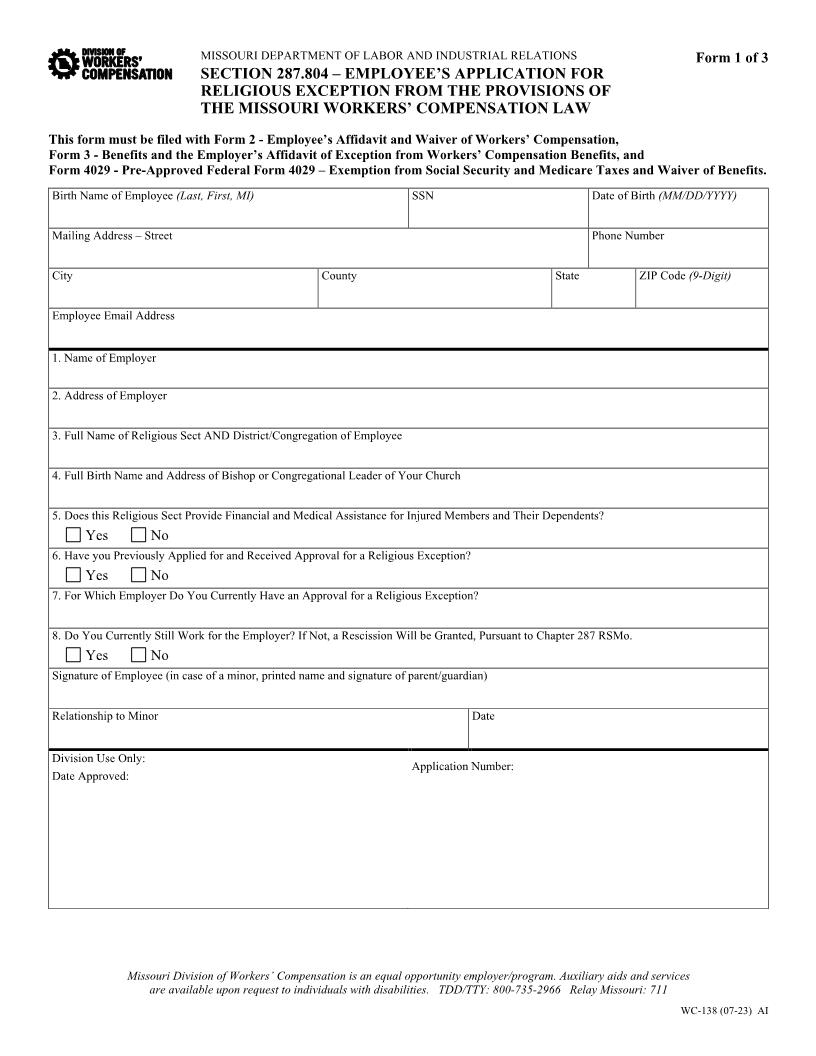 Employees Application for Religious Exception {WC-138} | Pdf Fpdf Doc Docx | Missouri