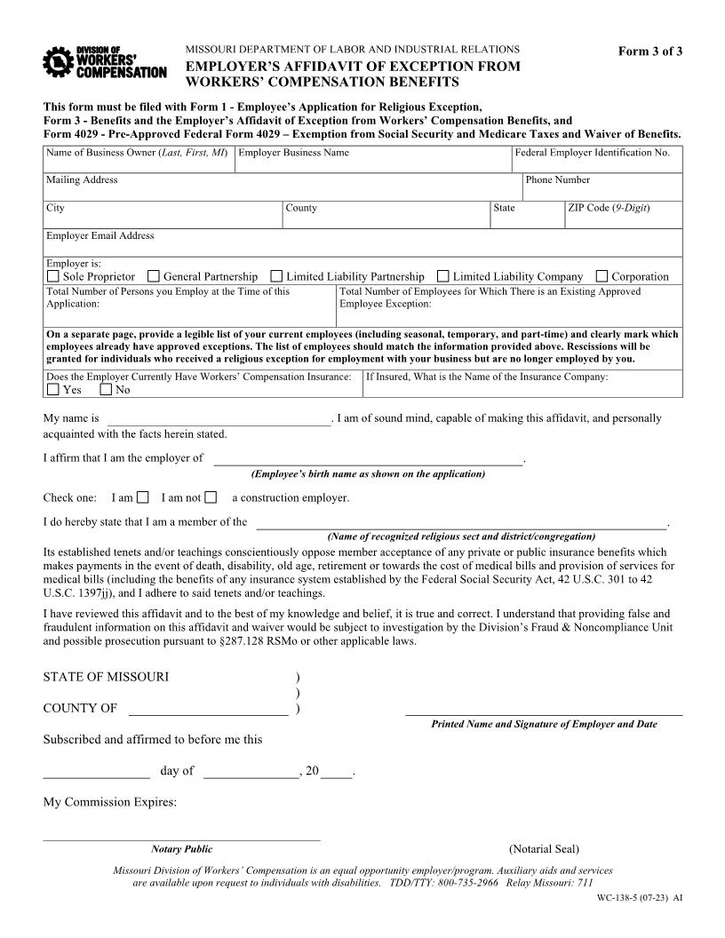 Employers Affidavit Of Exception From Workers Compensation Benefits {WC-138-5} | Pdf Fpdf Doc Docx | Missouri