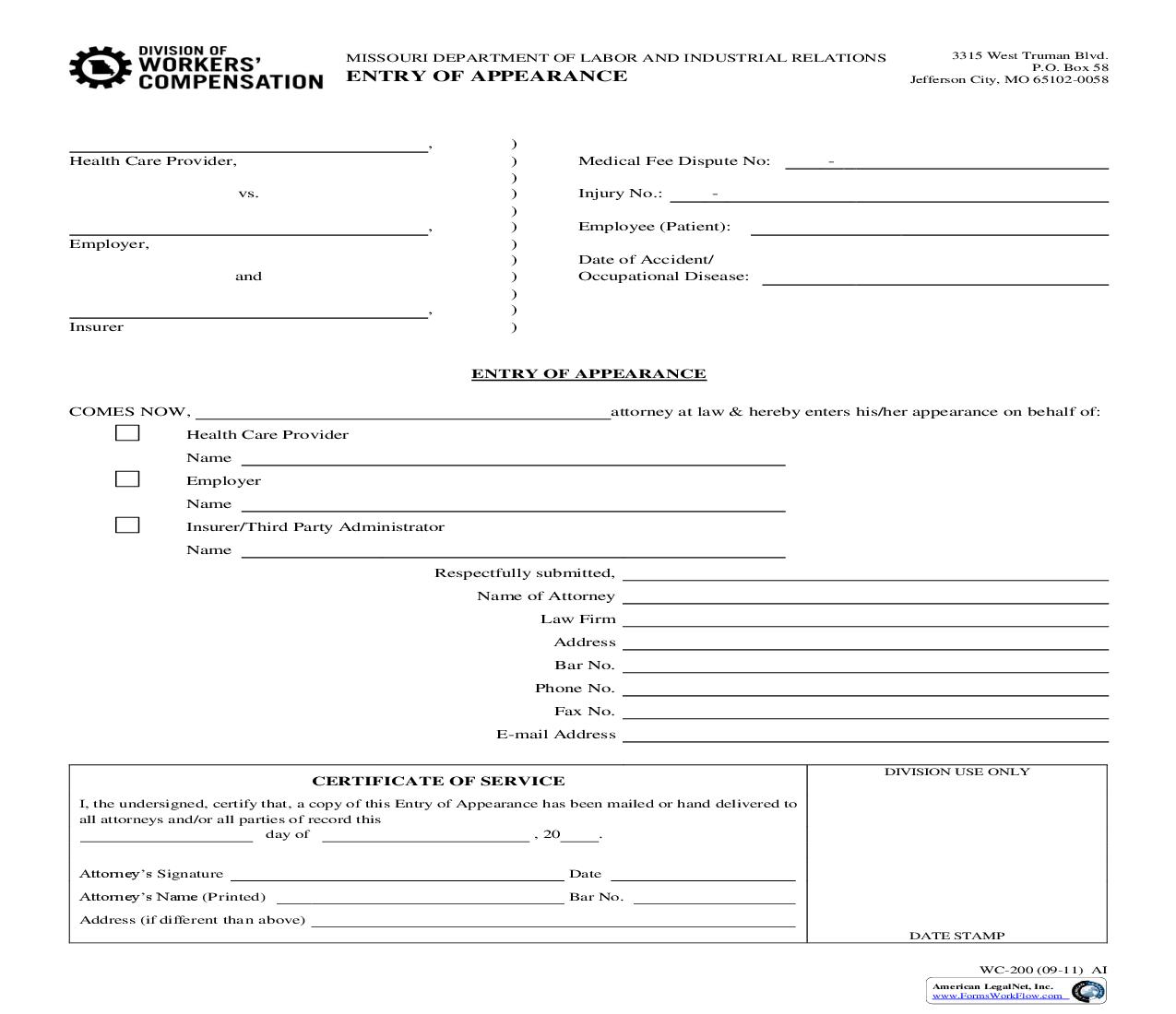 Entry Of Appearance {WC-200} | Pdf Fpdf Doc Docx | Missouri