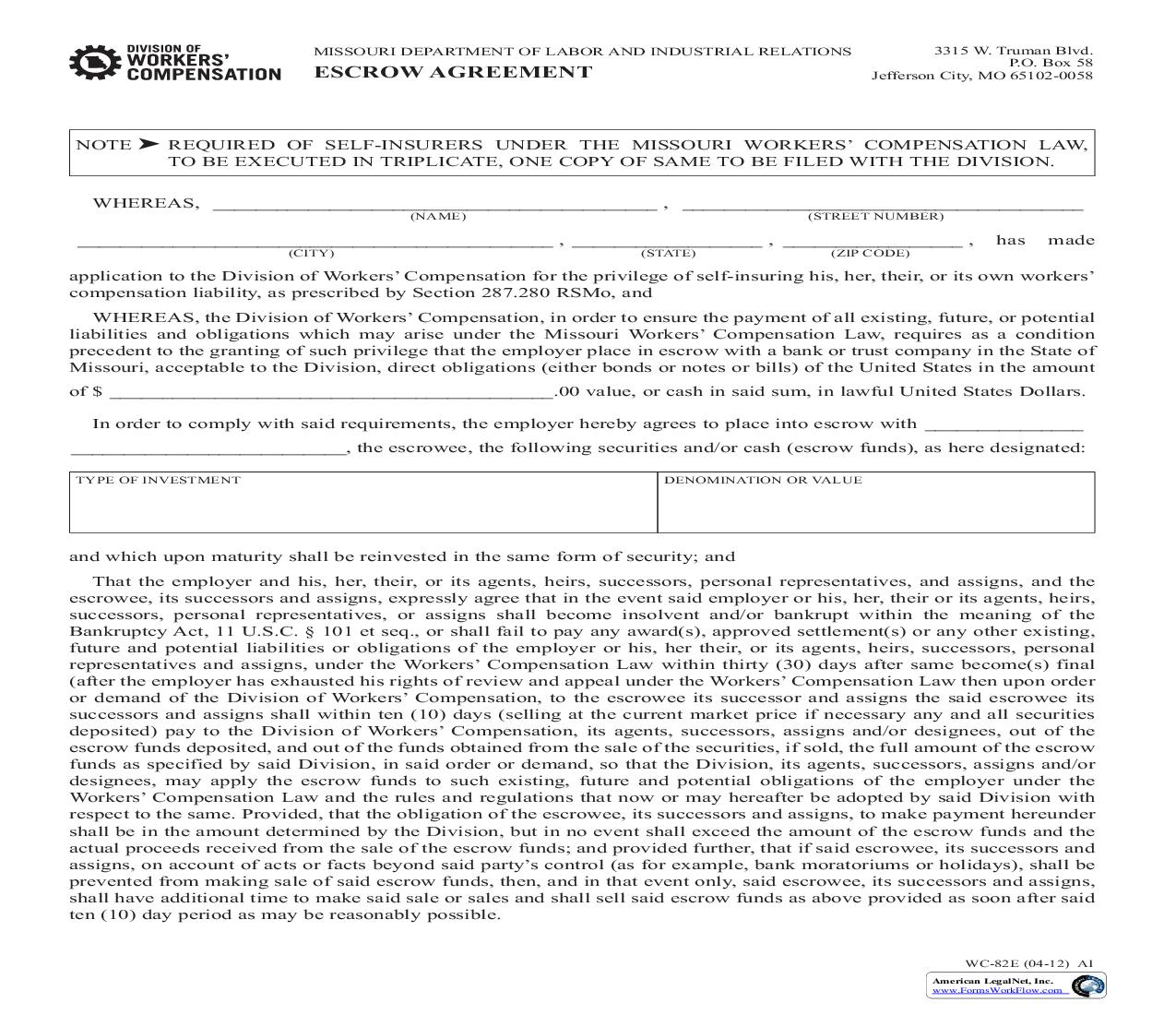 Escrow Agreement {WC-82E} | Pdf Fpdf Doc Docx | Missouri