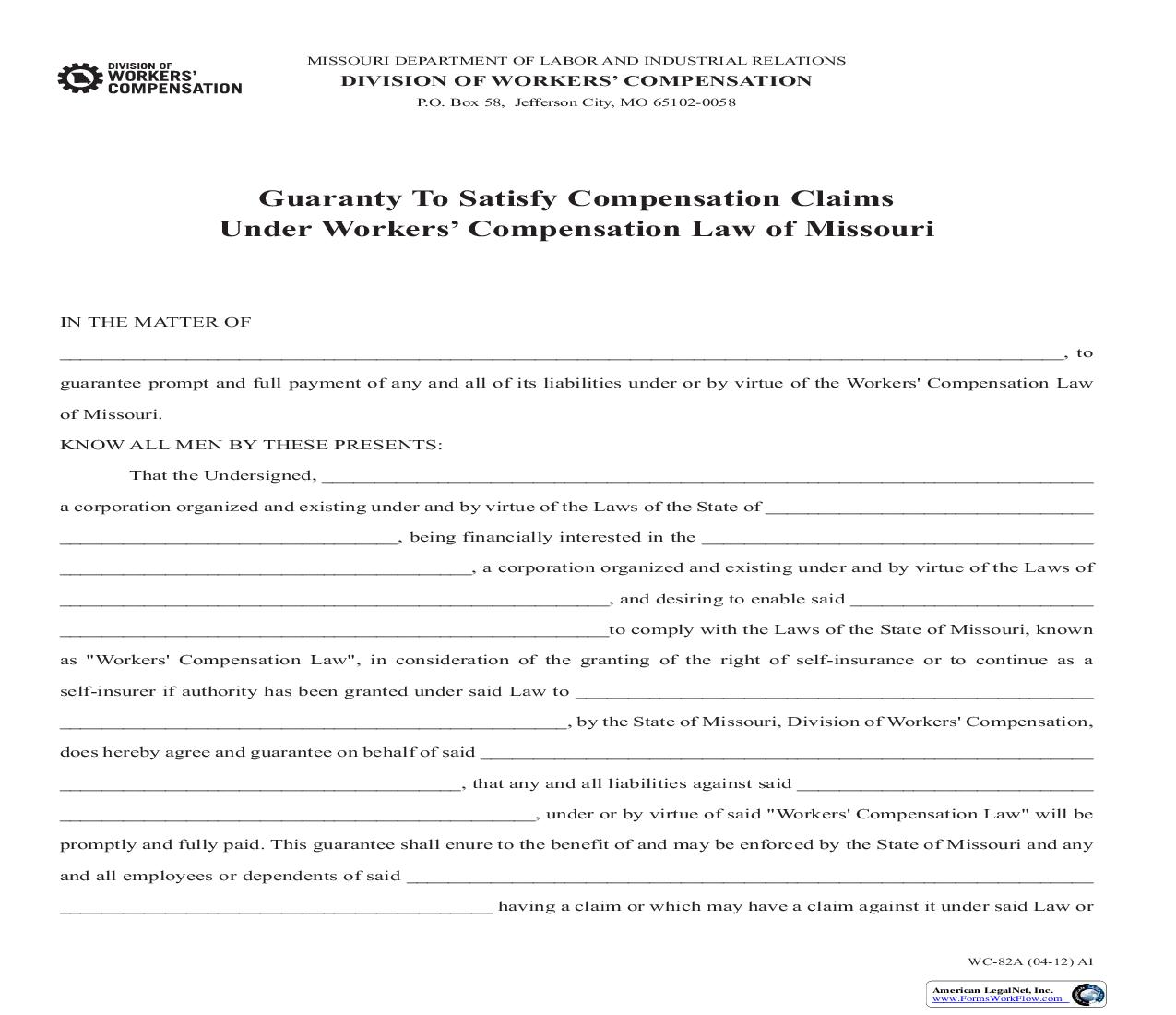 Guaranty To Satisfy Compensation Claims Under Workers Compensation Law Of Missouri {WC-82A} | Pdf Fpdf Doc Docx | Missouri