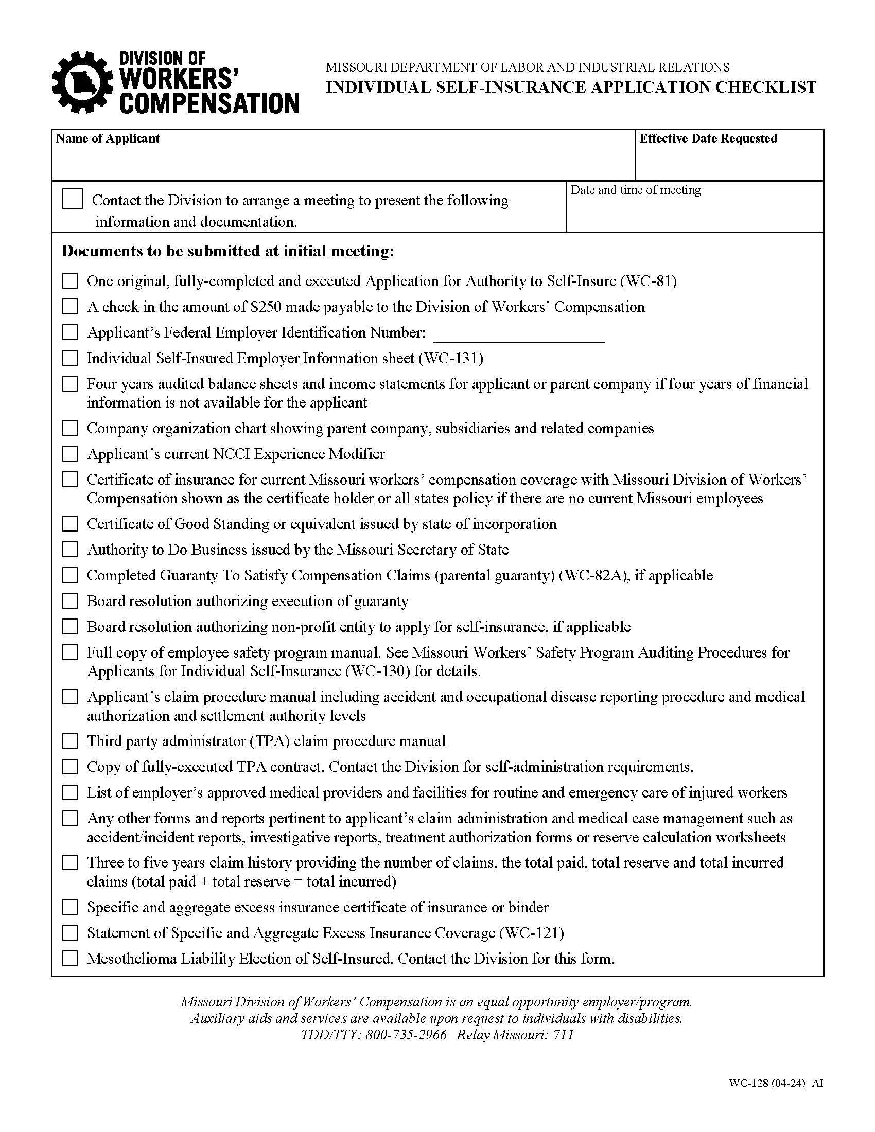 Individual Self Insurance Application Checklist {WC-128} | Pdf Fpdf Doc Docx | Missouri