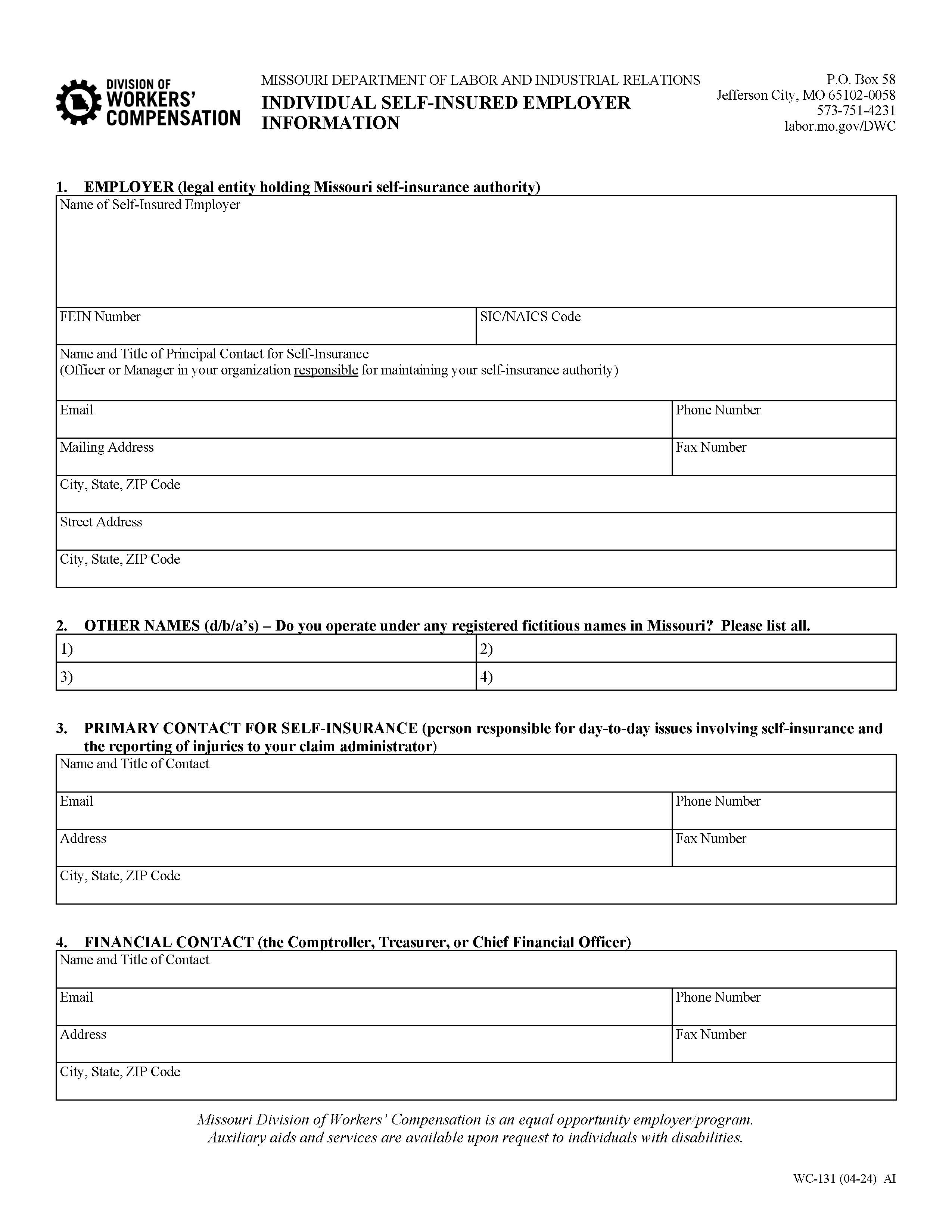 Individual Self Insured Employer Information {WC-131} | Pdf Fpdf Docx | Missouri