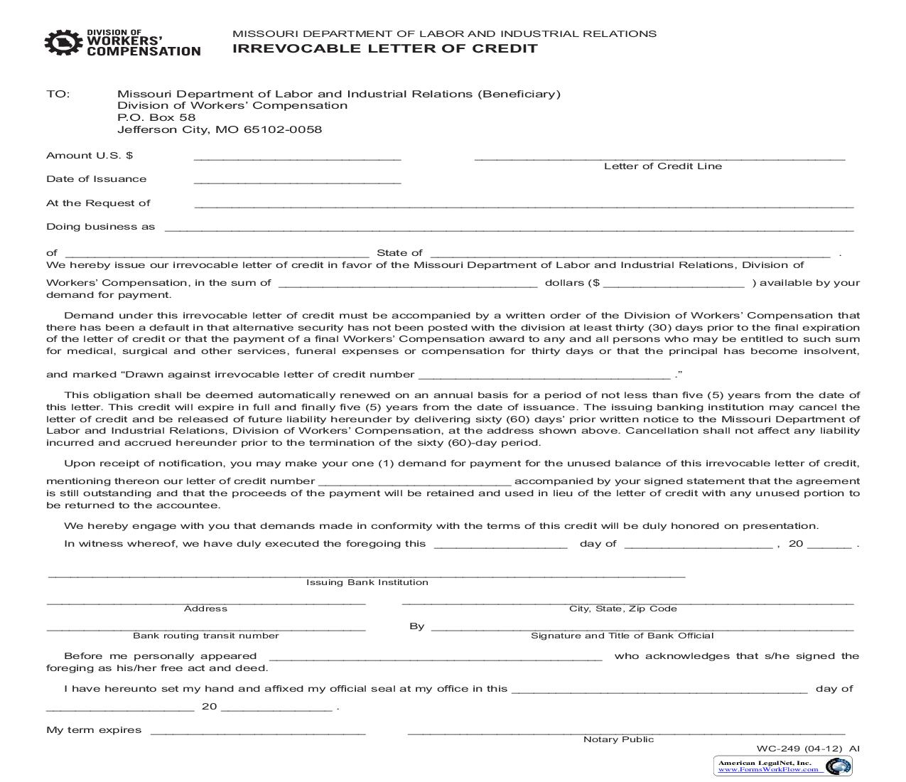 Irrevocable Letter Of Credit {WC-249} | Pdf Fpdf Doc Docx | Missouri