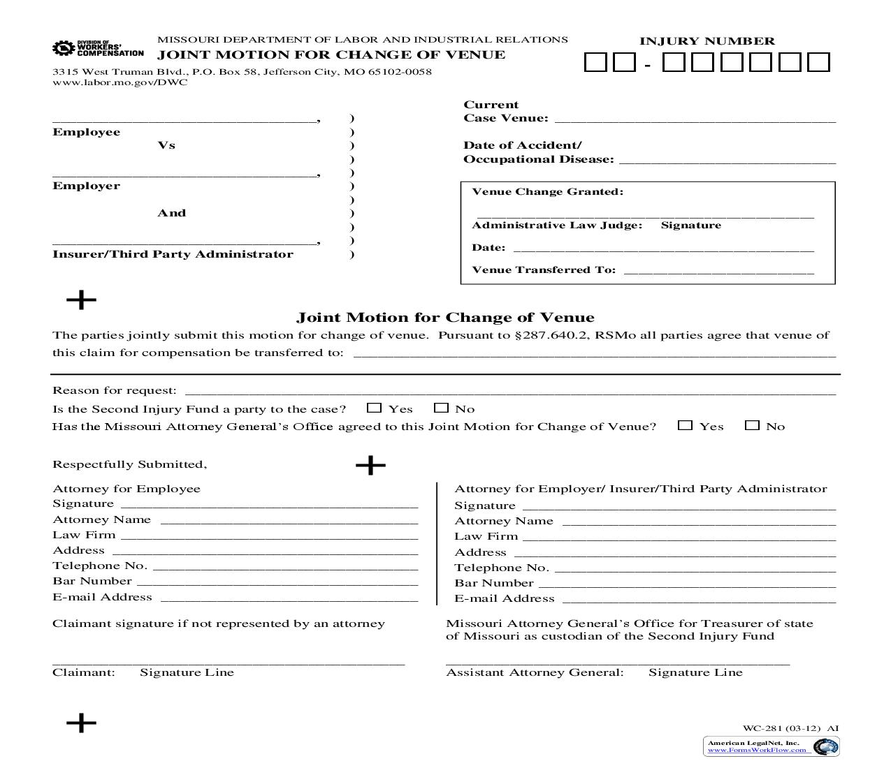 Joint Motion For Change Of Venue {WC-281} | Pdf Fpdf Doc Docx | Missouri