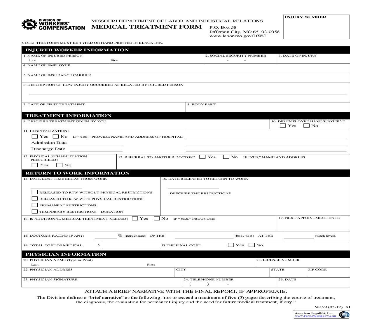 Medical Treatment Form {WC-9} | Pdf Fpdf Doc Docx | Missouri