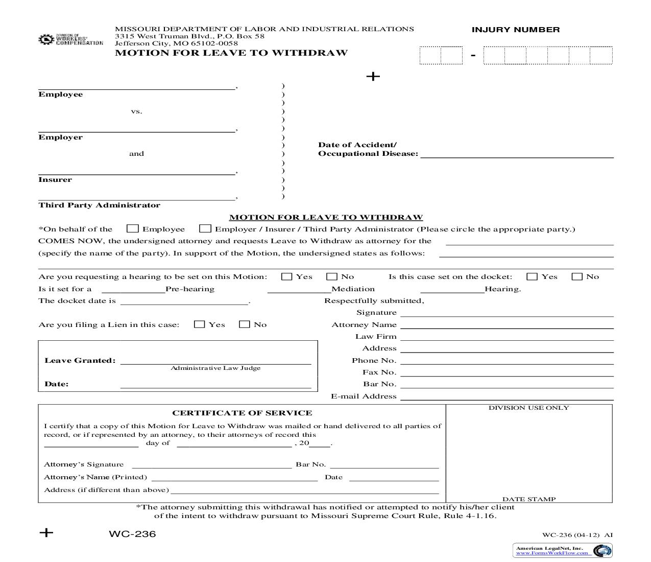 Motion To Withdraw {WC-236} | Pdf Fpdf Doc Docx | Missouri