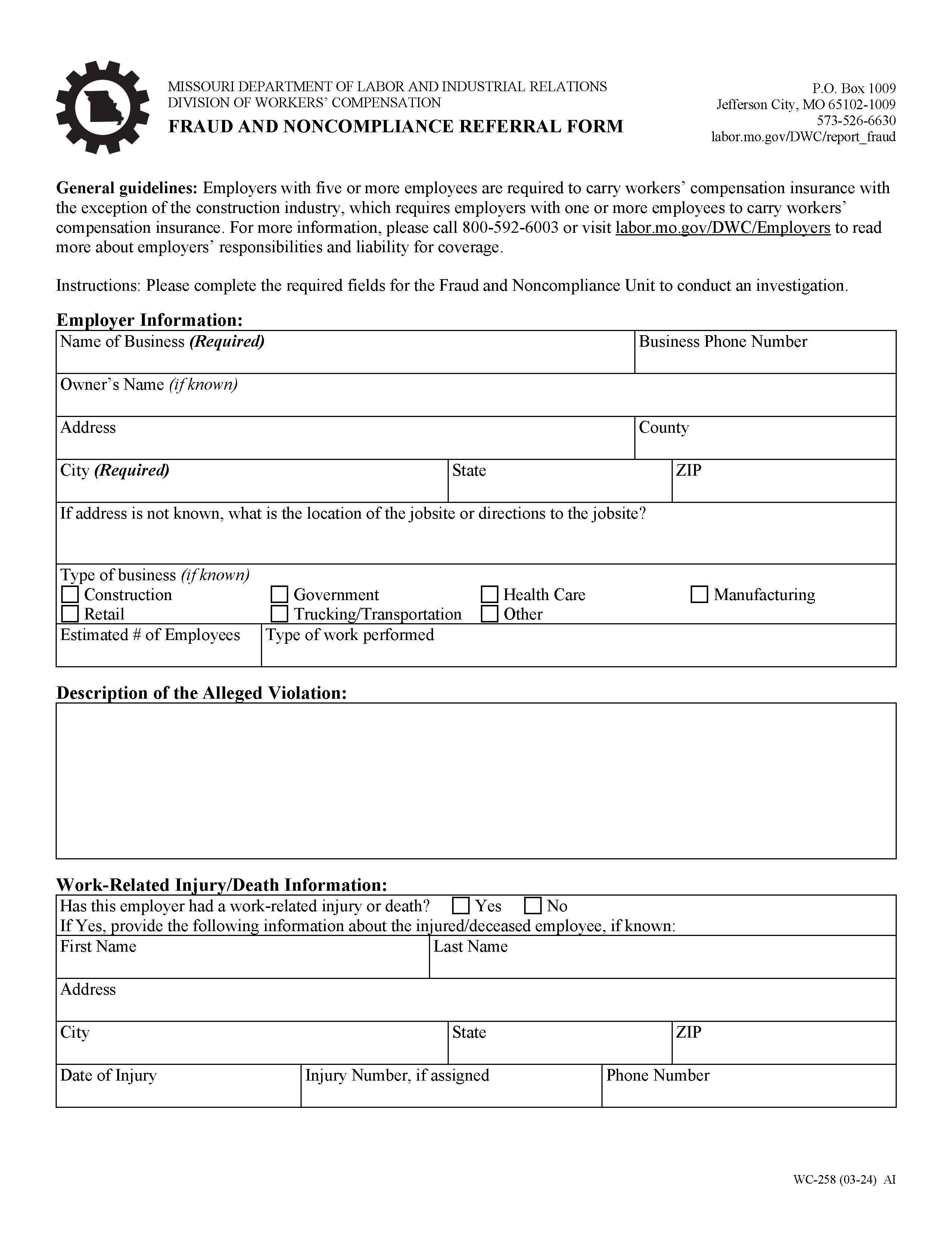Noncompliance Referral Form {WC-258} | Pdf Fpdf Doc Docx | Missouri