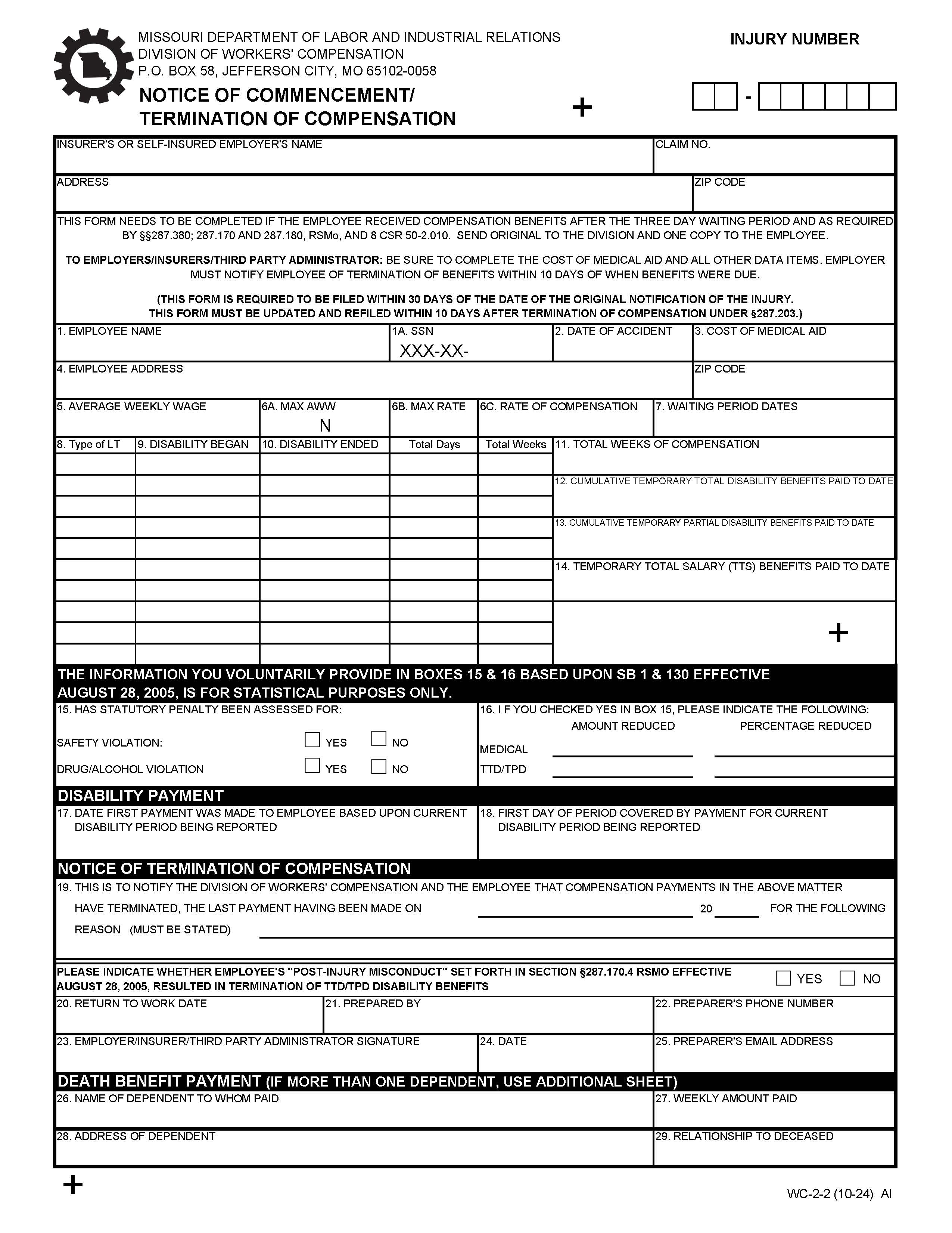 Notice Of Commencement Termination Of Compensation {WC-2} | Pdf Fpdf Docx | Missouri