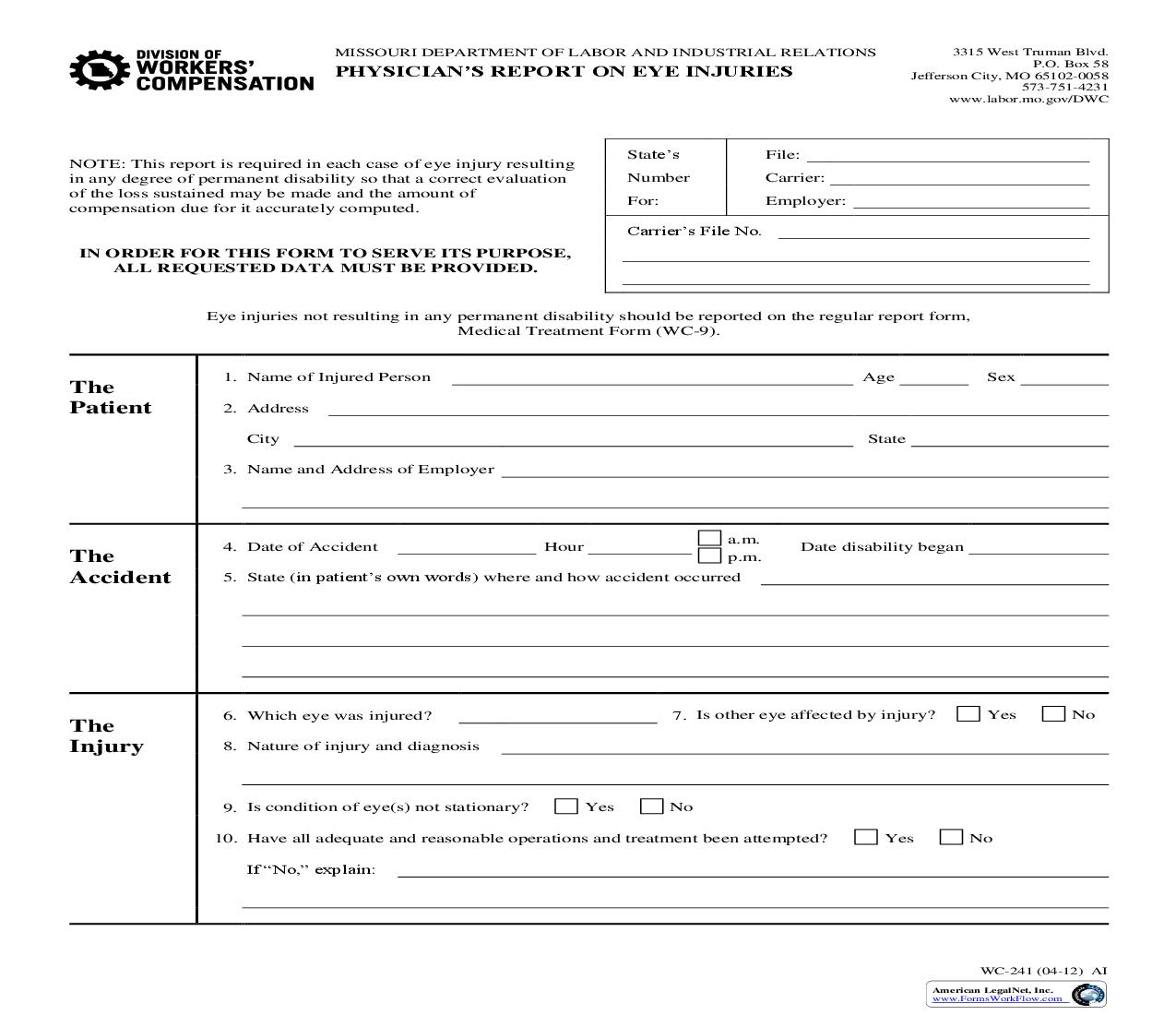 Physicians Report On Eye Injuries {WC-241} | Pdf Fpdf Doc Docx | Missouri