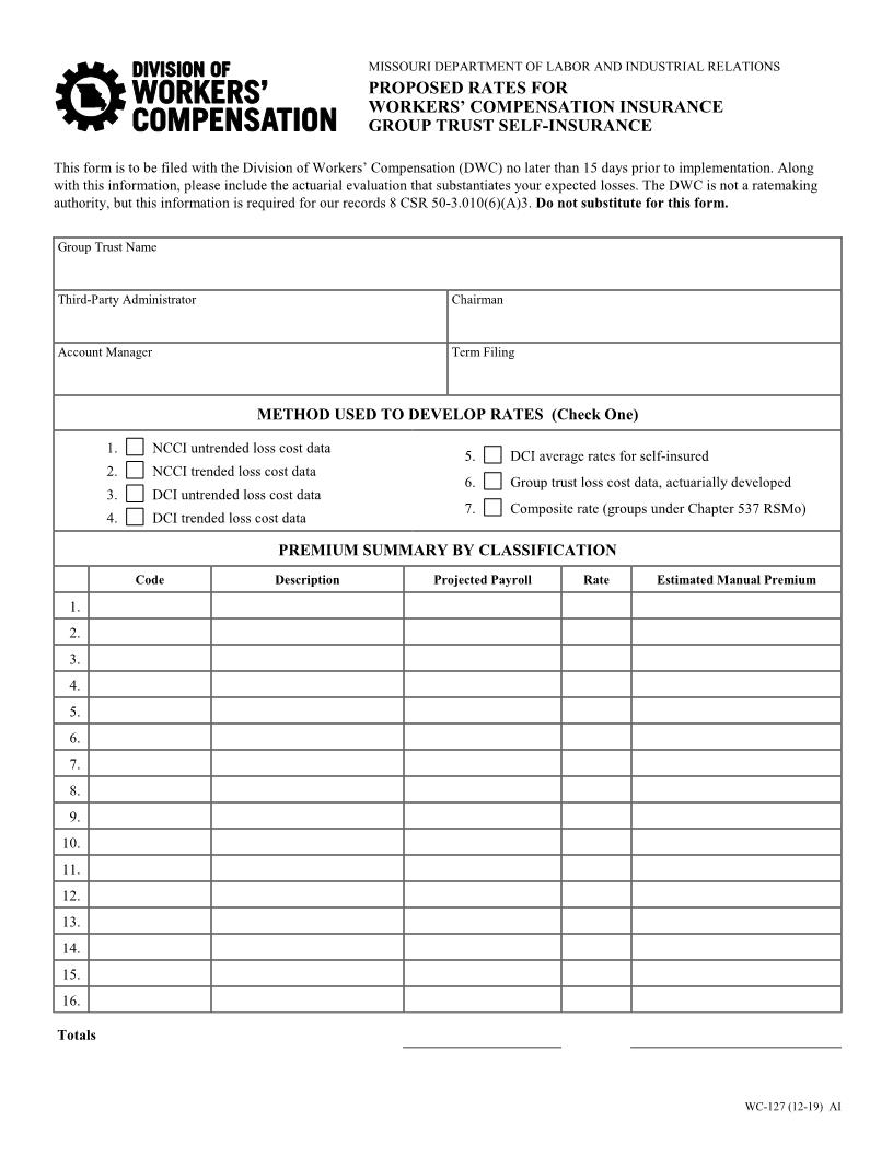 Proposed Rates For Group Trust Self-Insurance {WC-127} | Pdf Fpdf Docx | Missouri