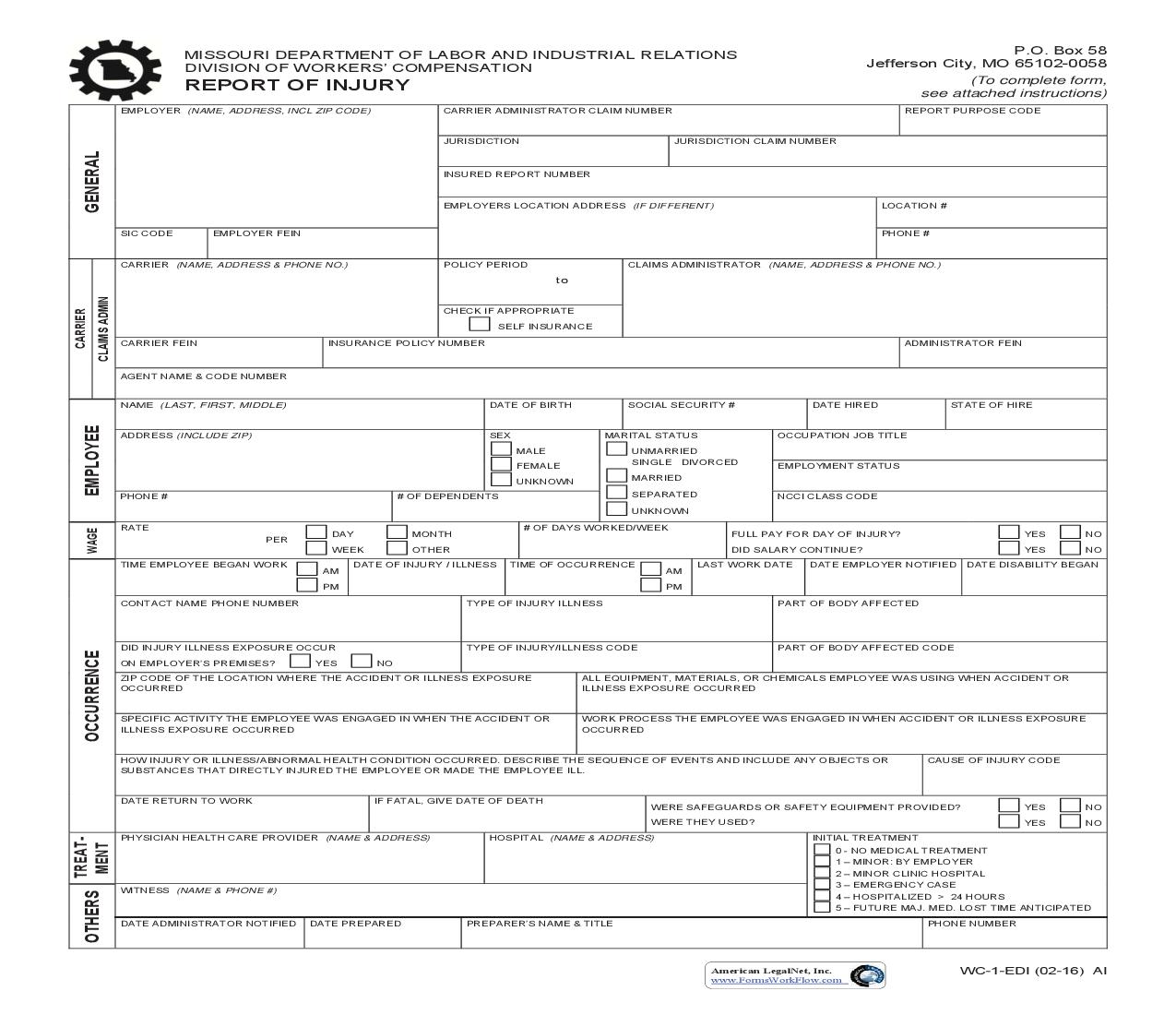 Report Of Injury {WC-1-EDI} | Pdf Fpdf Doc Docx | Missouri