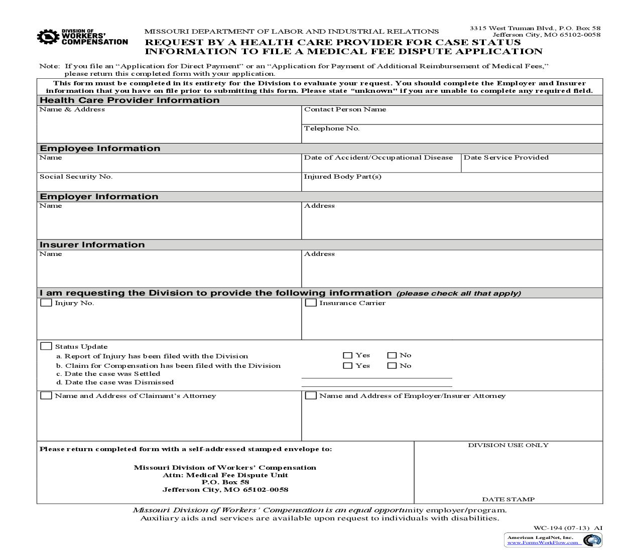Request By A Health Care Provider For Case Status Information {WC-194} | Pdf Fpdf Doc Docx | Missouri