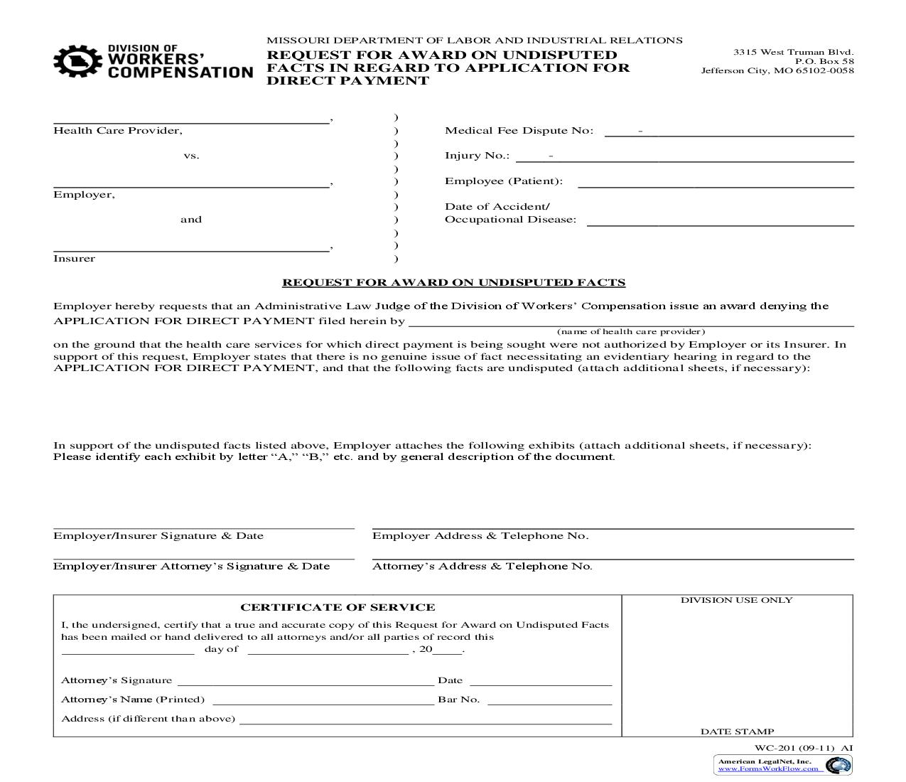 Request For Award On Undisputed Facts {WC-201} | Pdf Fpdf Doc Docx | Missouri