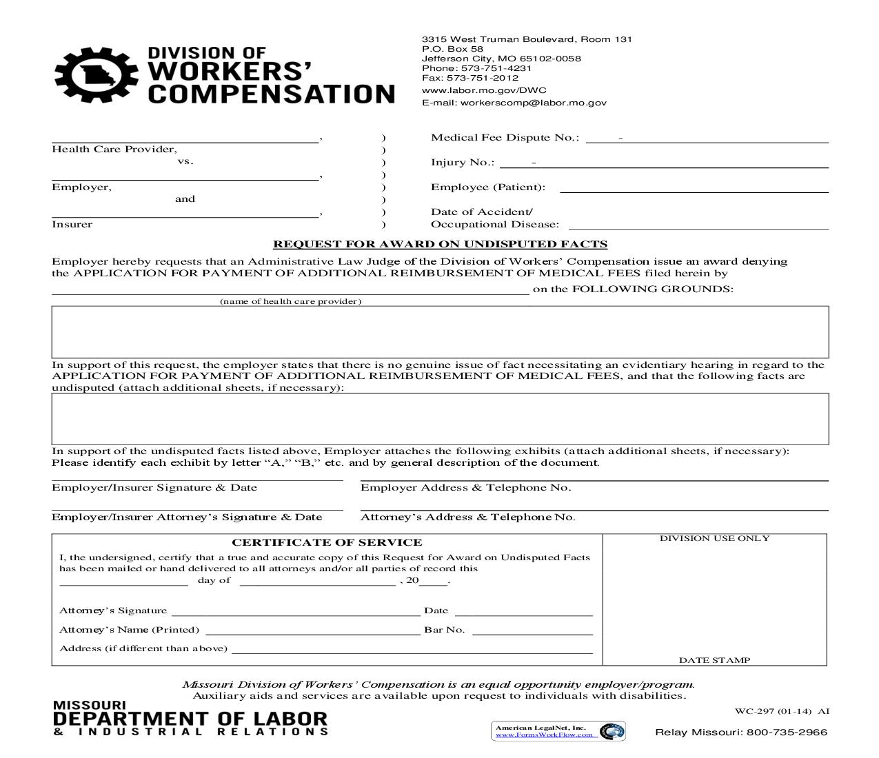 Request For Award On Undisputed Facts {WC-297} | Pdf Fpdf Doc Docx | Missouri