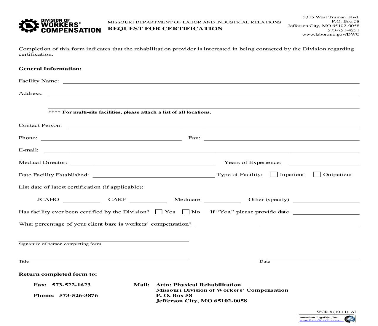 Request For Certification (Of Rehabilitation Providers) {WCR-8} | Pdf Fpdf Doc Docx | Missouri