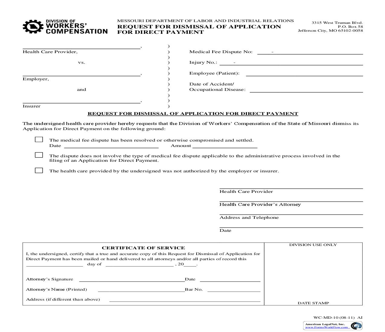 Request For Dismissal Of Application For Direct Payment {WC-MD-10} | Pdf Fpdf Doc Docx | Missouri