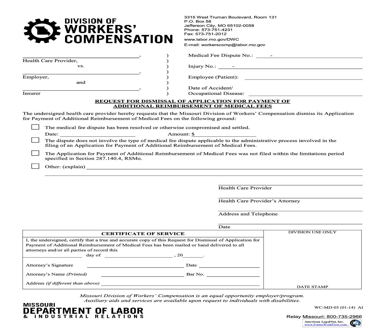 Request For Dismissal Of Application For Payment of Additional Reimbursements {WC-MD-05} | Pdf Fpdf Doc Docx | Missouri