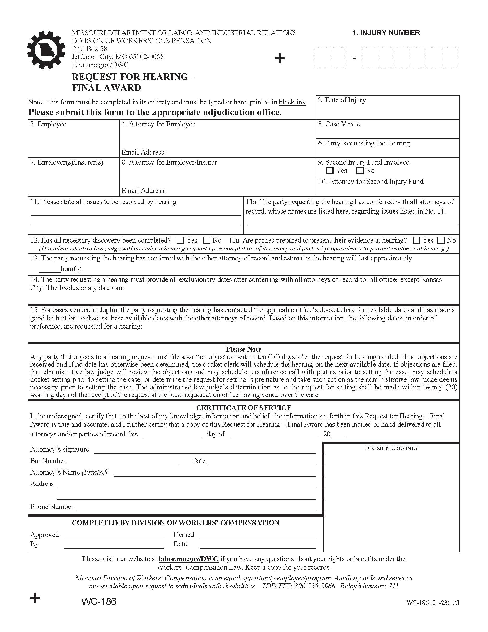 Request For Hearing - Final Award {WC-186} | Pdf Fpdf Docx | Missouri
