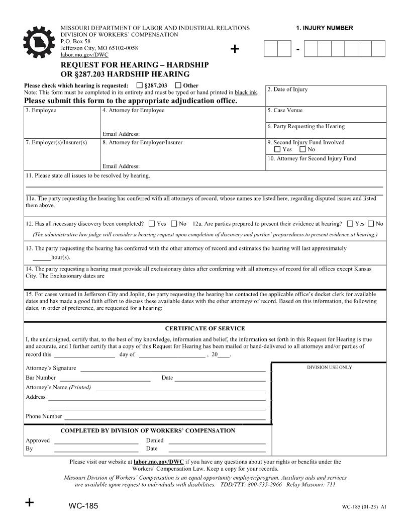 Request For Hearing Hardship Or Section 287.203 Hardship Hearing {WC-185} | Pdf Fpdf Docx | Missouri