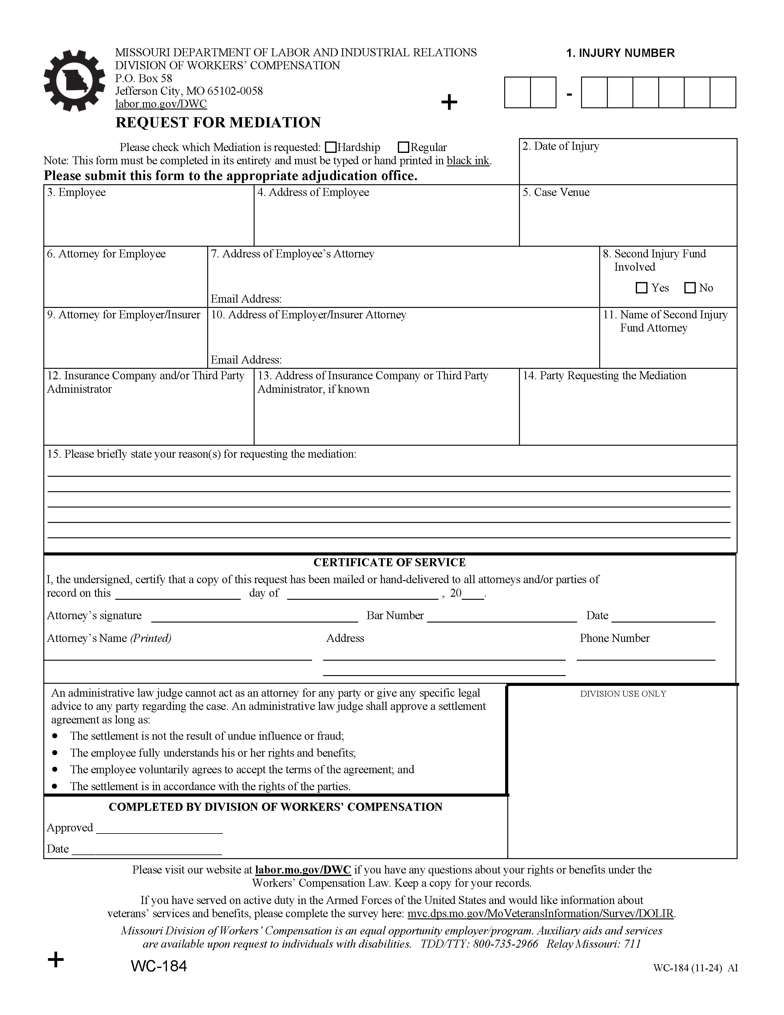 Request For Mediation {WC-184} | Pdf Fpdf Docx | Missouri