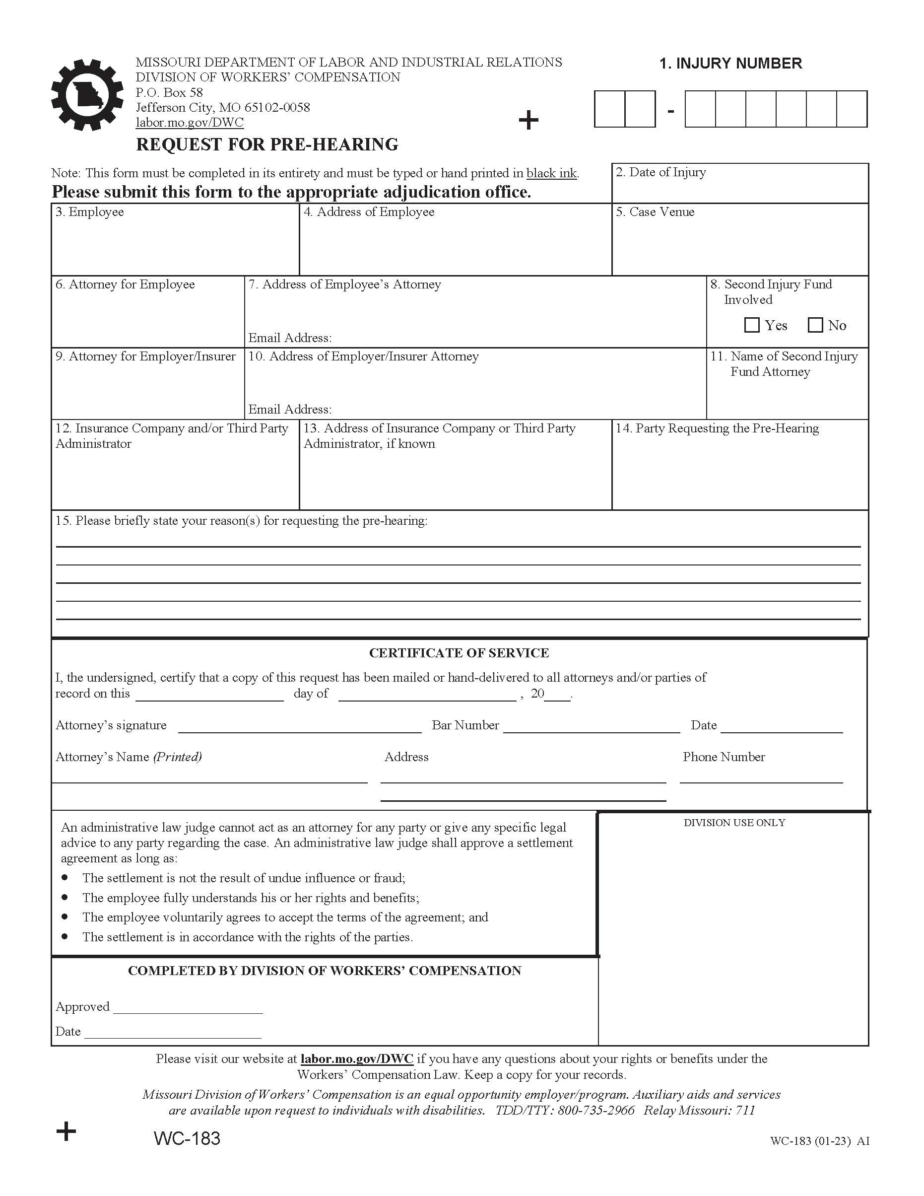 Request For Pre-Hearing {WC-183} | Pdf Fpdf Docx | Missouri
