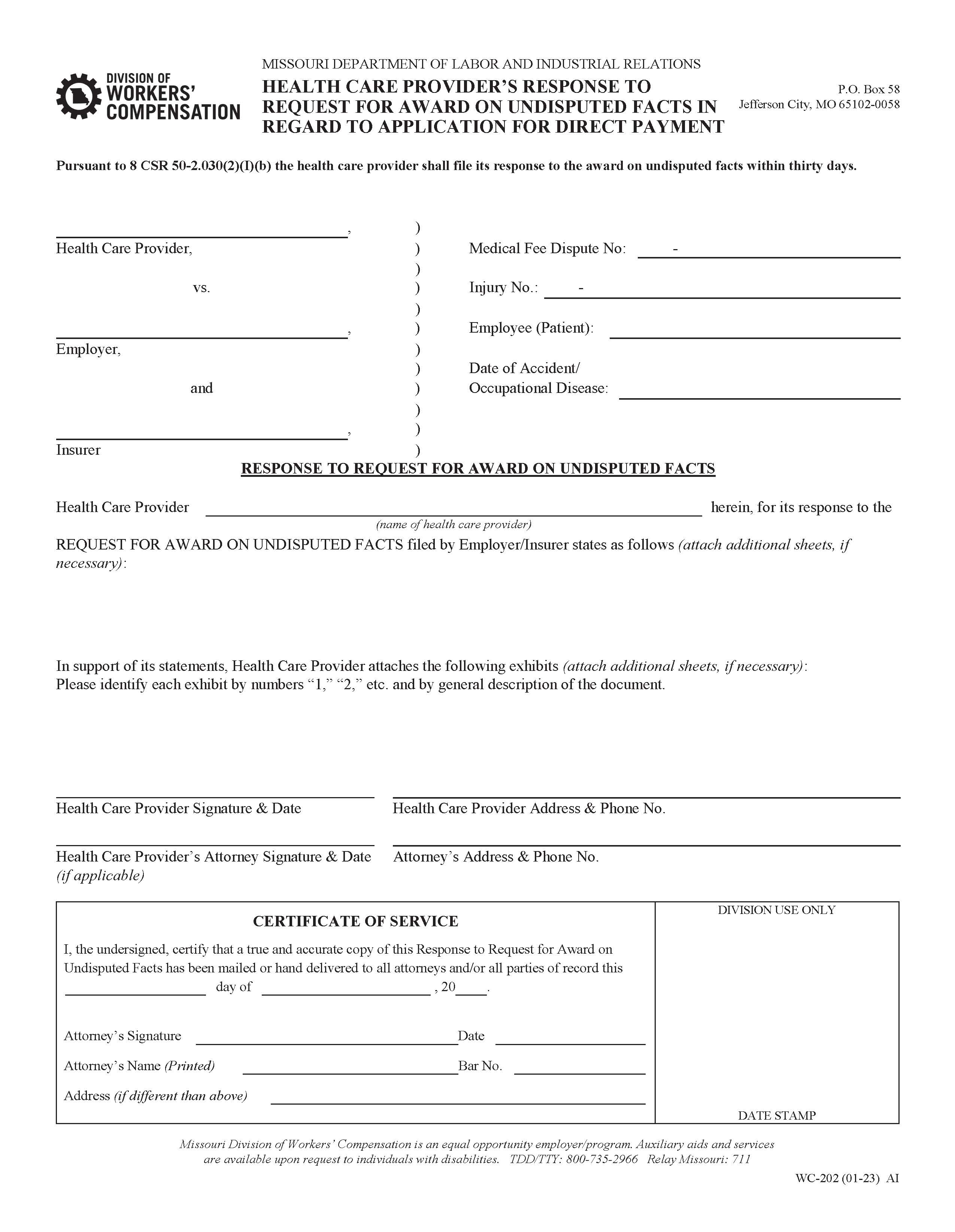 Response To Request For Award On Undisputed Facts {WC-202} | Pdf Fpdf Doc Docx | Missouri