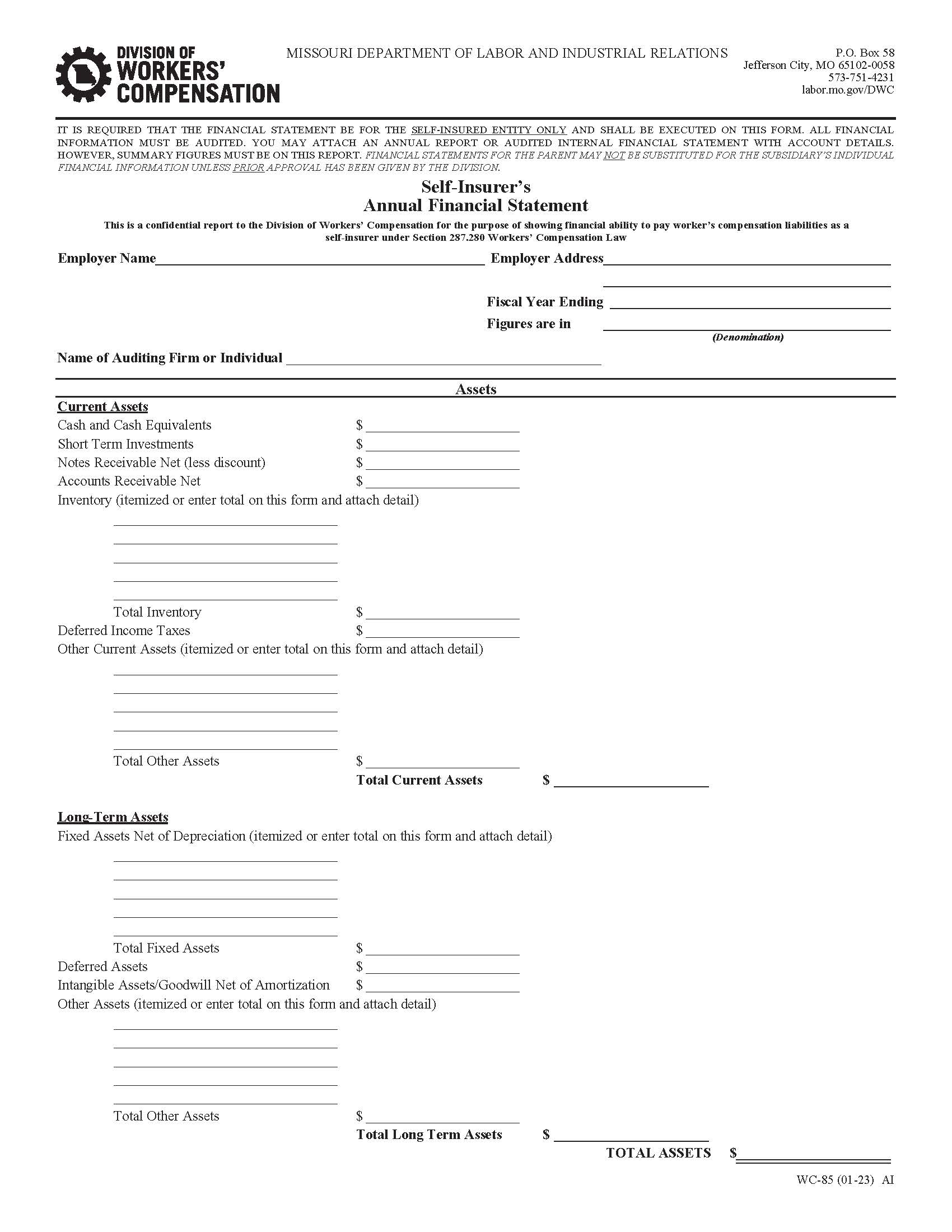 Self Insurers Annual Financial Statement {WC-85} | Pdf Fpdf Doc Docx | Missouri