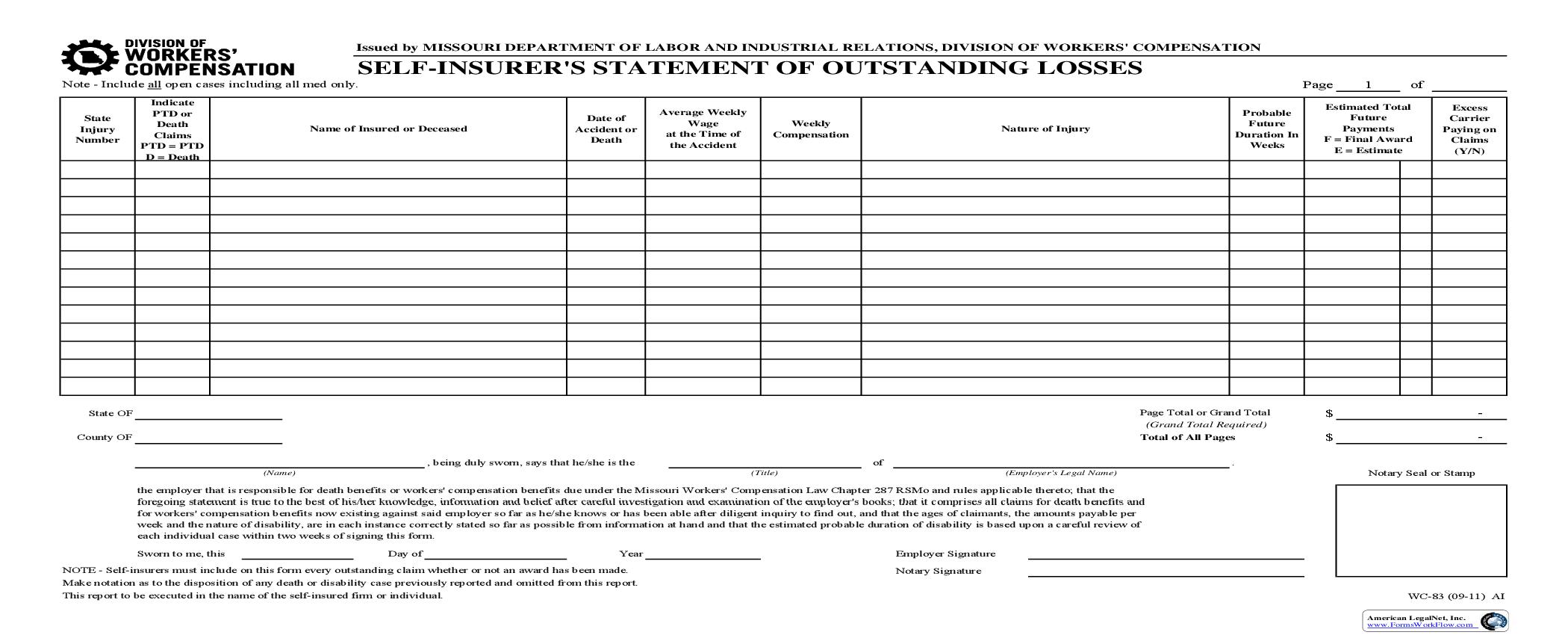 Self Insurers Statement Of Outstanding Losses {WC-83} | Pdf Fpdf Doc Docx | Missouri