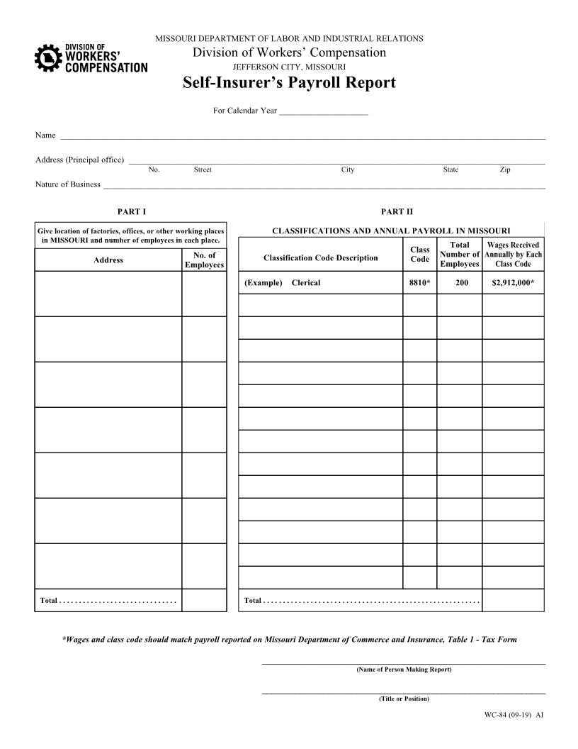Self Insures Payroll Report {WC-84} | Pdf Fpdf Doc Docx | Missouri