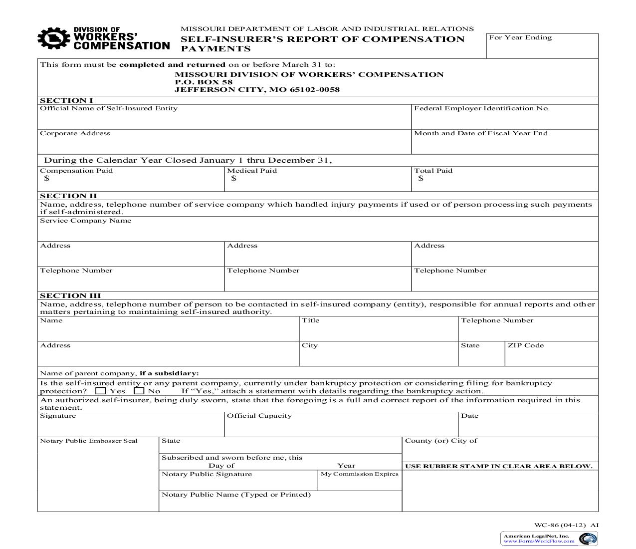 Self Insures Report Of Compensation Payments {WC-86} | Pdf Fpdf Doc Docx | Missouri
