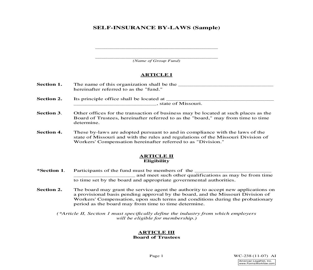 Self-Insurance By-Laws {WC-238} | Pdf Fpdf Doc Docx | Missouri