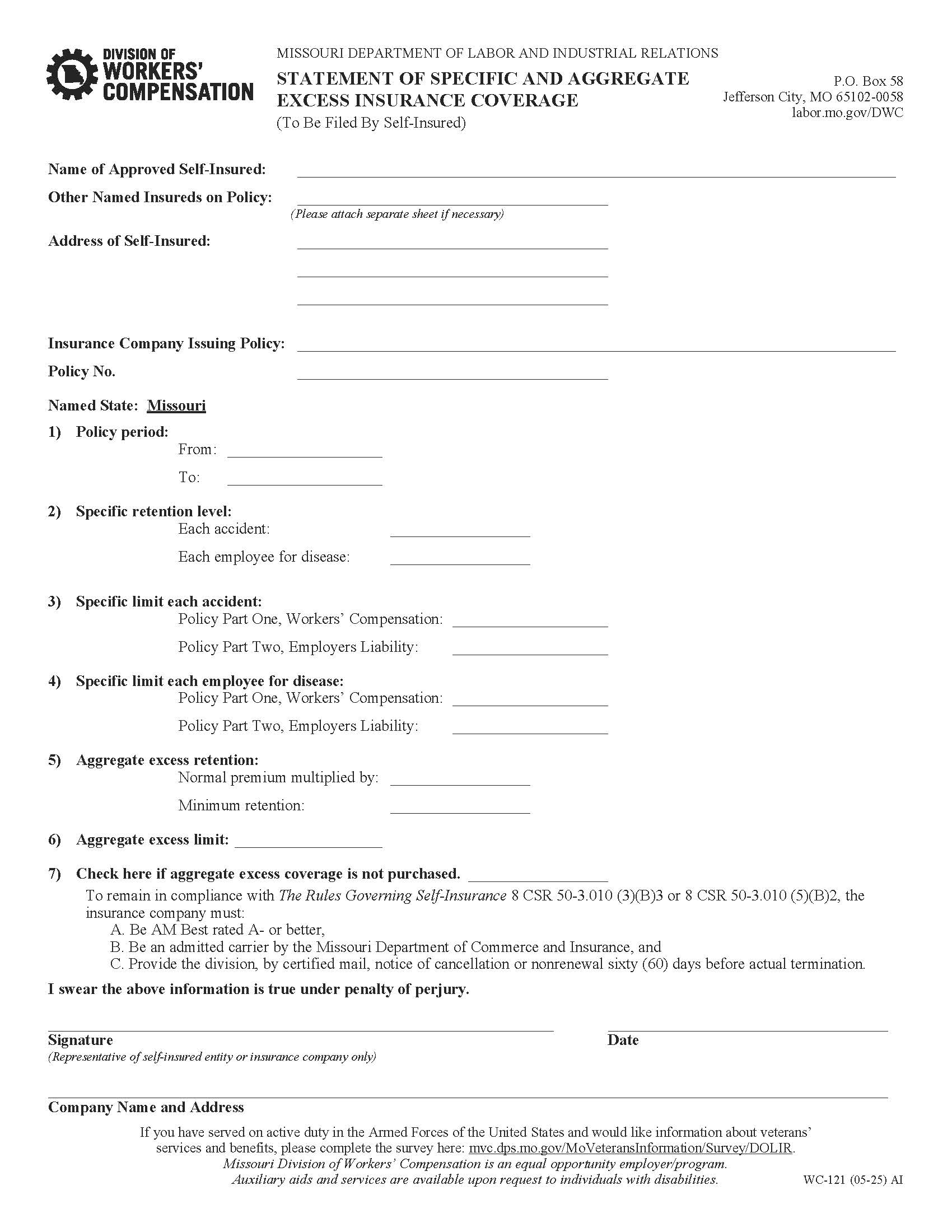 Statement Of Specific And Aggregate Excess Insurance Coverage {WC-121} | Pdf Fpdf Doc Docx | Missouri