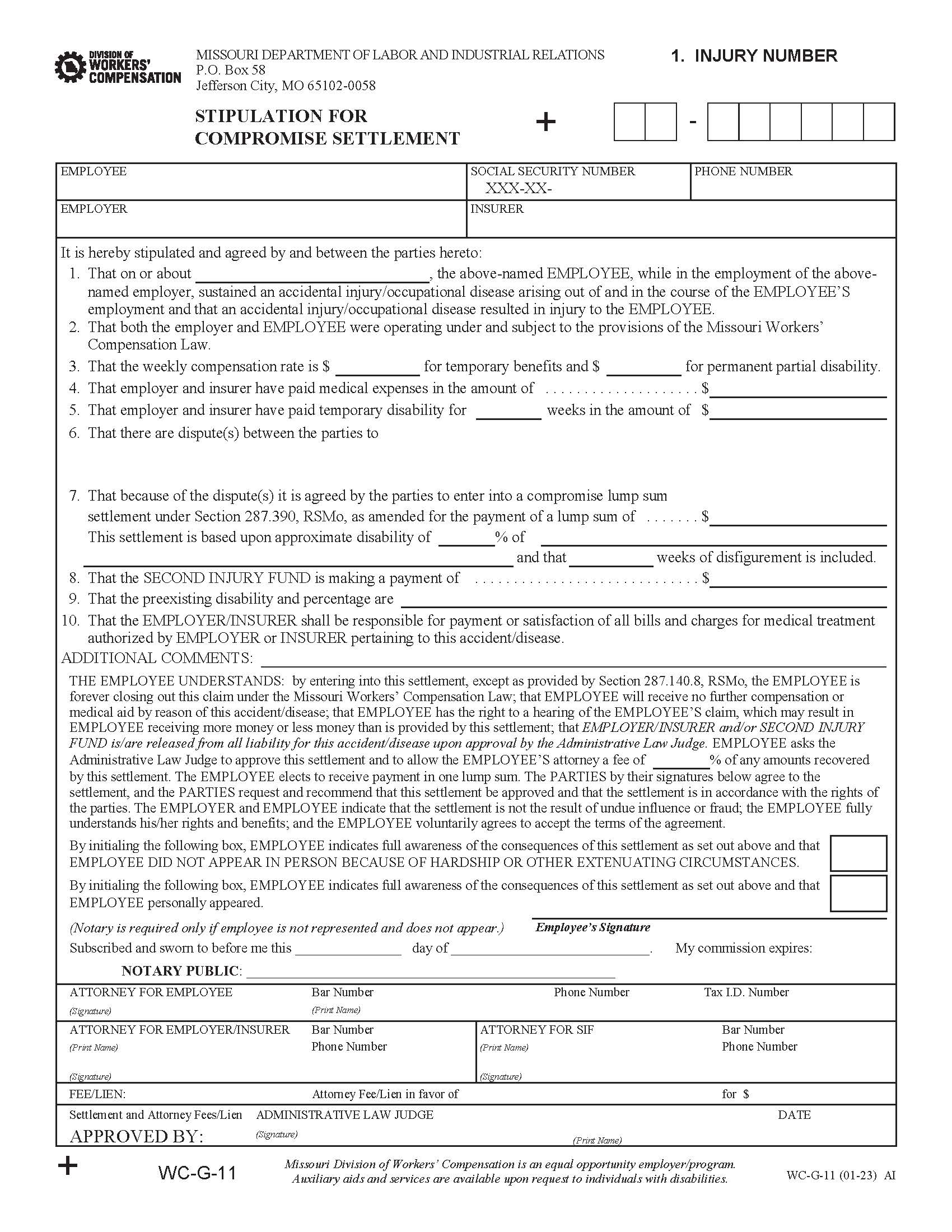 Stipulation For Compromise Settlement {WC-G-11} | Pdf Fpdf Doc Docx | Missouri
