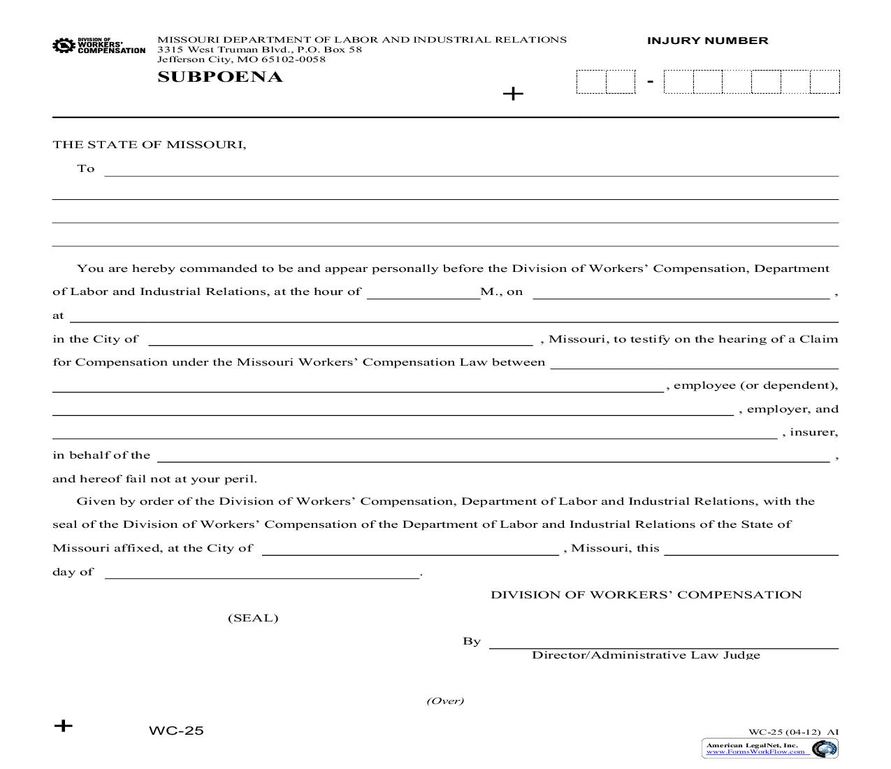 Subpoena {WC-25} | Pdf Fpdf Doc Docx | Missouri